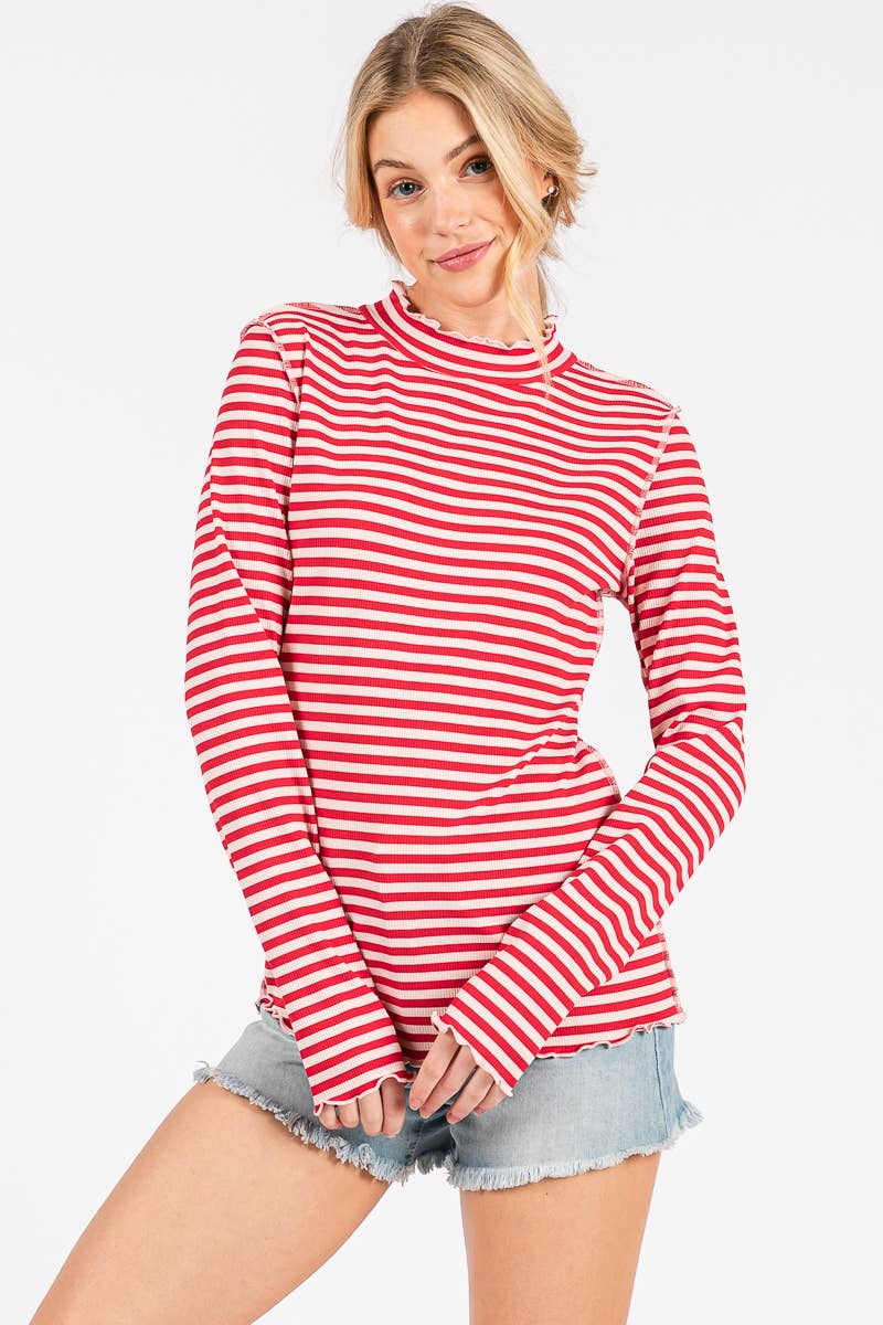 REVERSED STITCH RIBBED STRIPE LONG SLEEVE TOP-RSRSLS