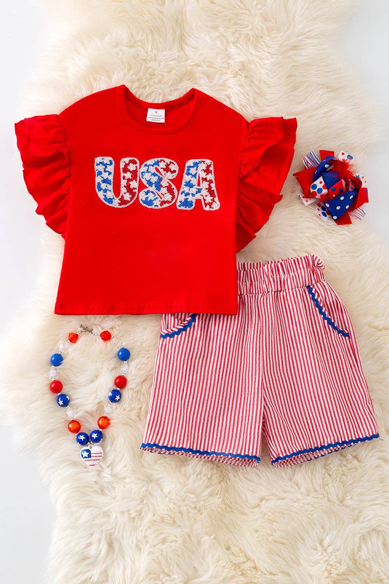 Girl’s Set USA Sequin Appliqué Red Top & Stripe Shorts OFG596