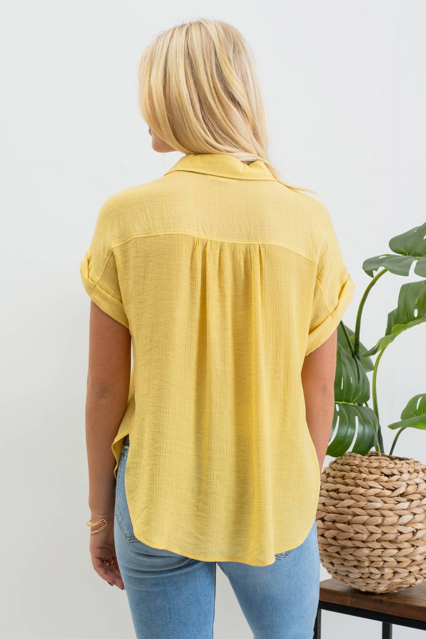 MID BUTTON DOWN CUFFED SHORT SLEEVE TOP CR1980