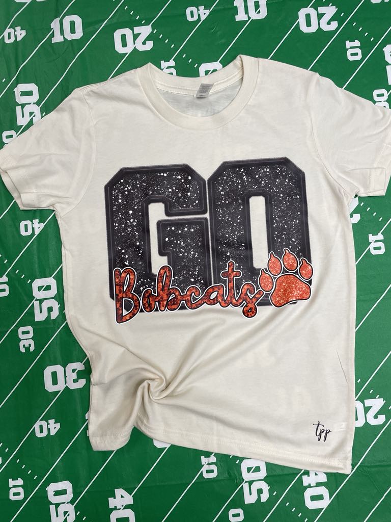 GO BOBCAT FAUX SEQUIN GLITTER T-SHIRT (BLACK GO ORANGE BOBCATS )