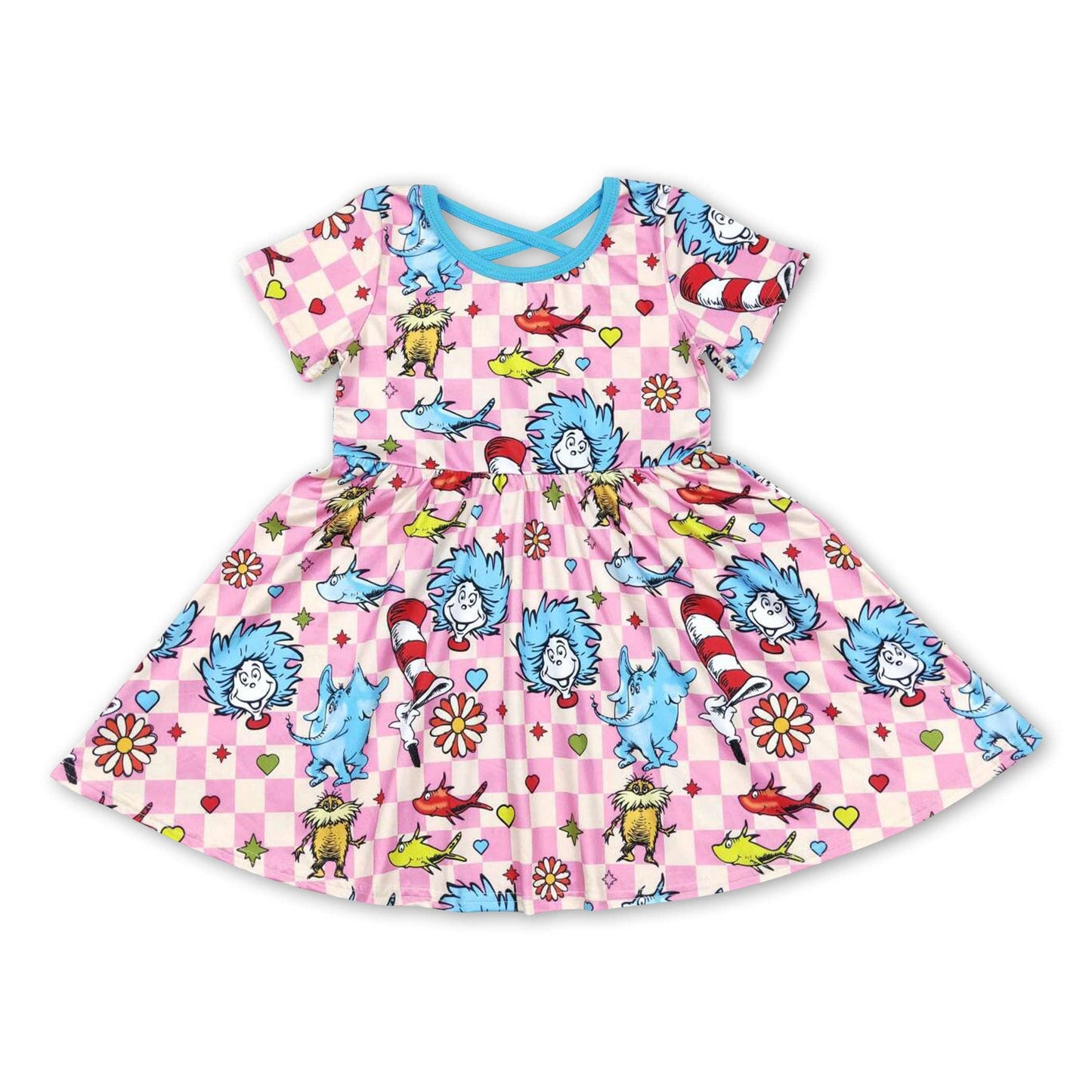 Pink plaid hat elephant short sleeves girls dresses PPH-ESSE