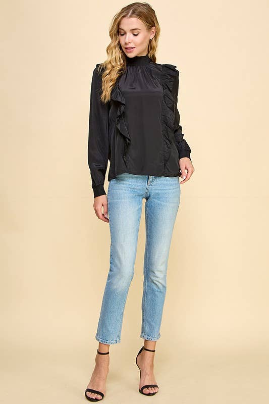 Mock neck long sleeve blouse with ruffle trim Blouse CT8680