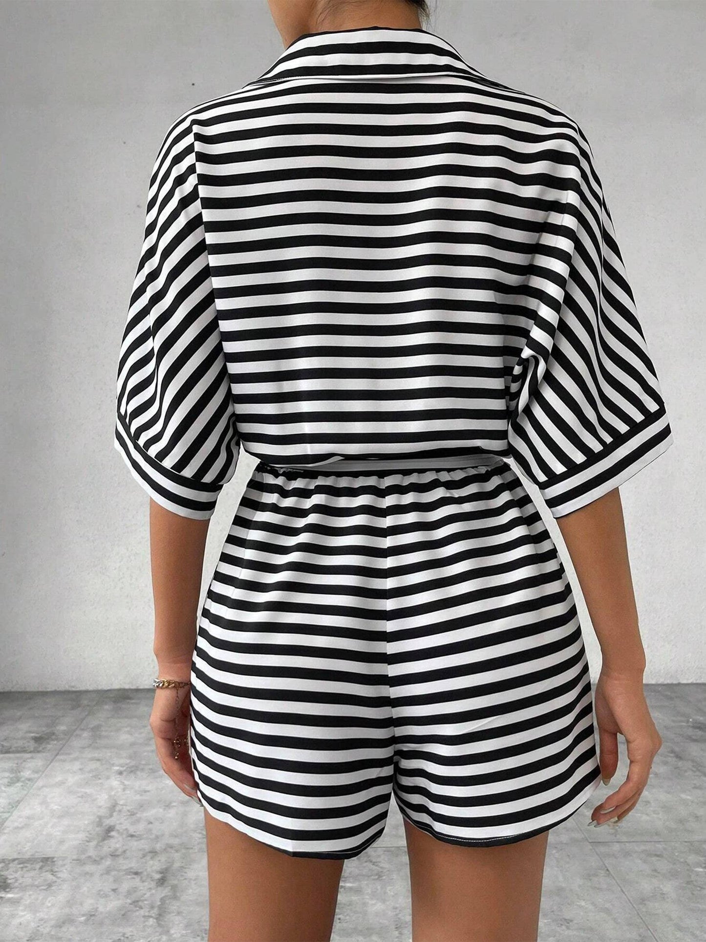 Striped Lapel Button Waistband Shorts Jumpsuit FRAX1