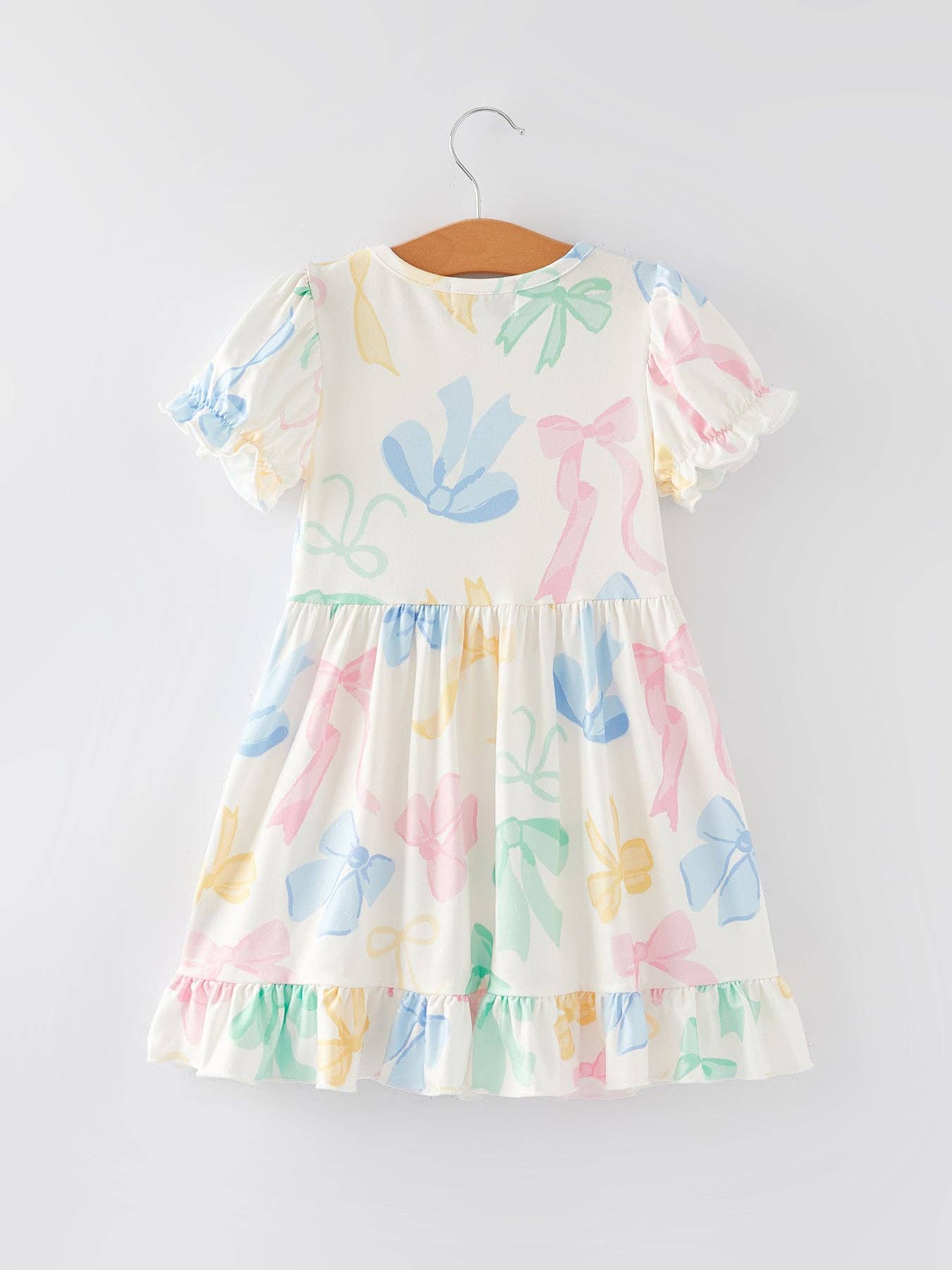 Easter Colorful Bow Print Puff Sleeves Girls Dress DRG50462
