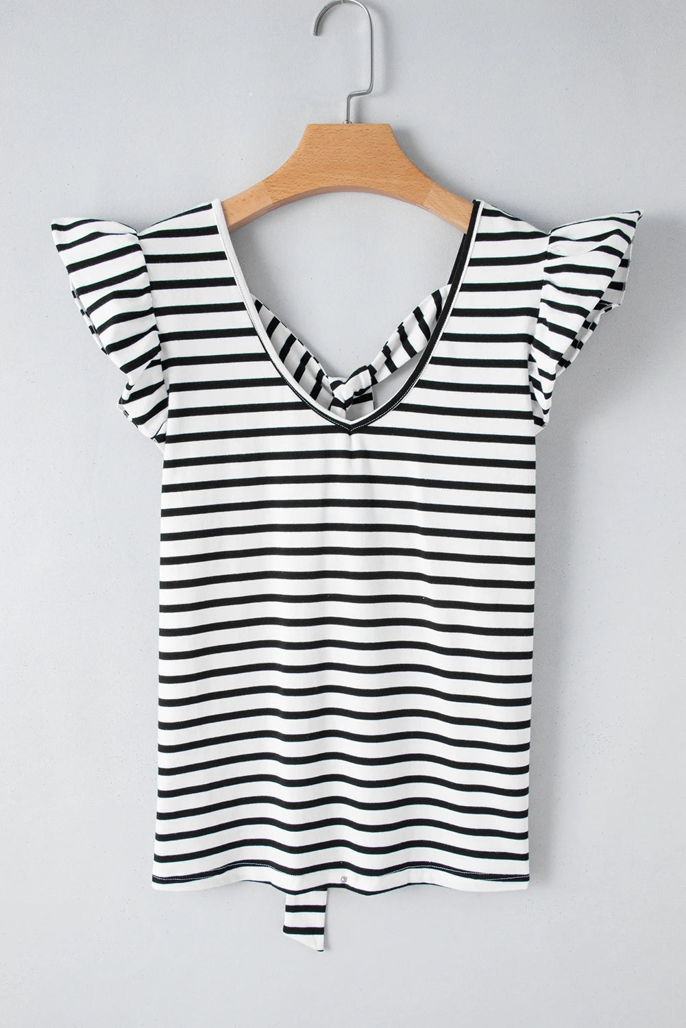White Stripe Butterfly Sleeve V Neck Hollowed Knot Back T Shirt SBS-VN-KB