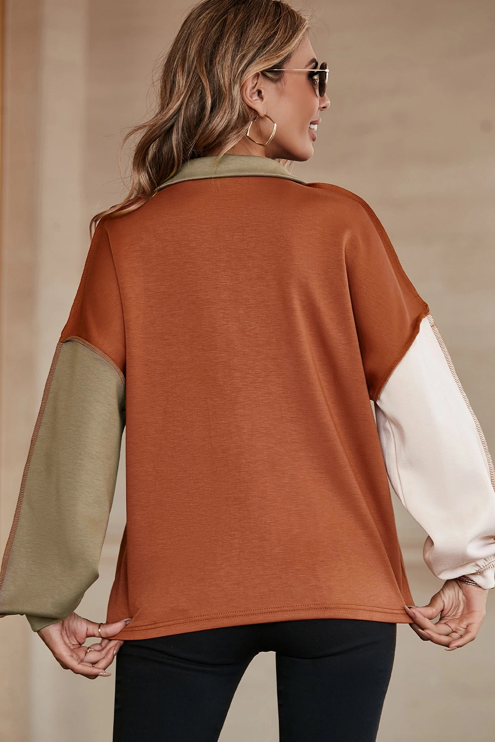 Khaki Exposed Seam Color Block Zipped Sweatshirt