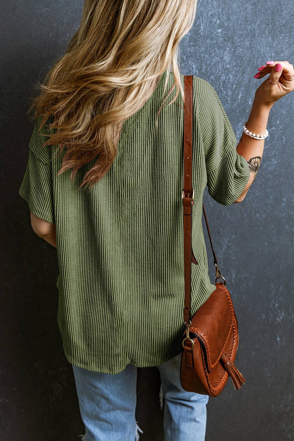✅Corded V Neck Chest Pocket Loose T-shirt 3174