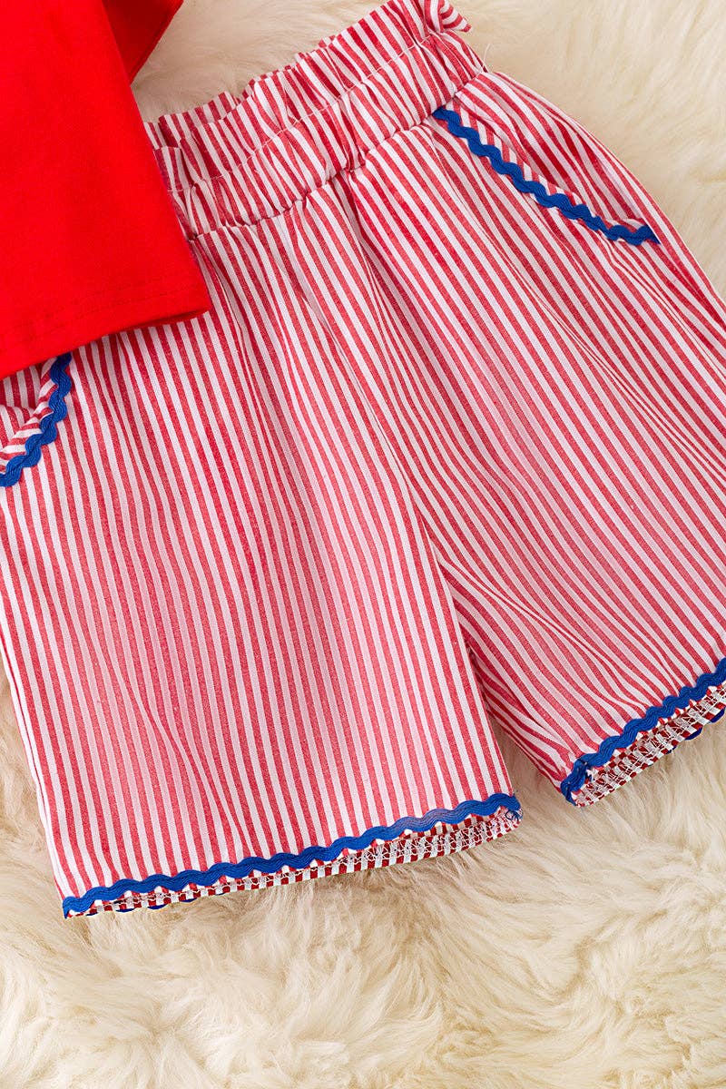Girl’s Set USA Sequin Appliqué Red Top & Stripe Shorts OFG596