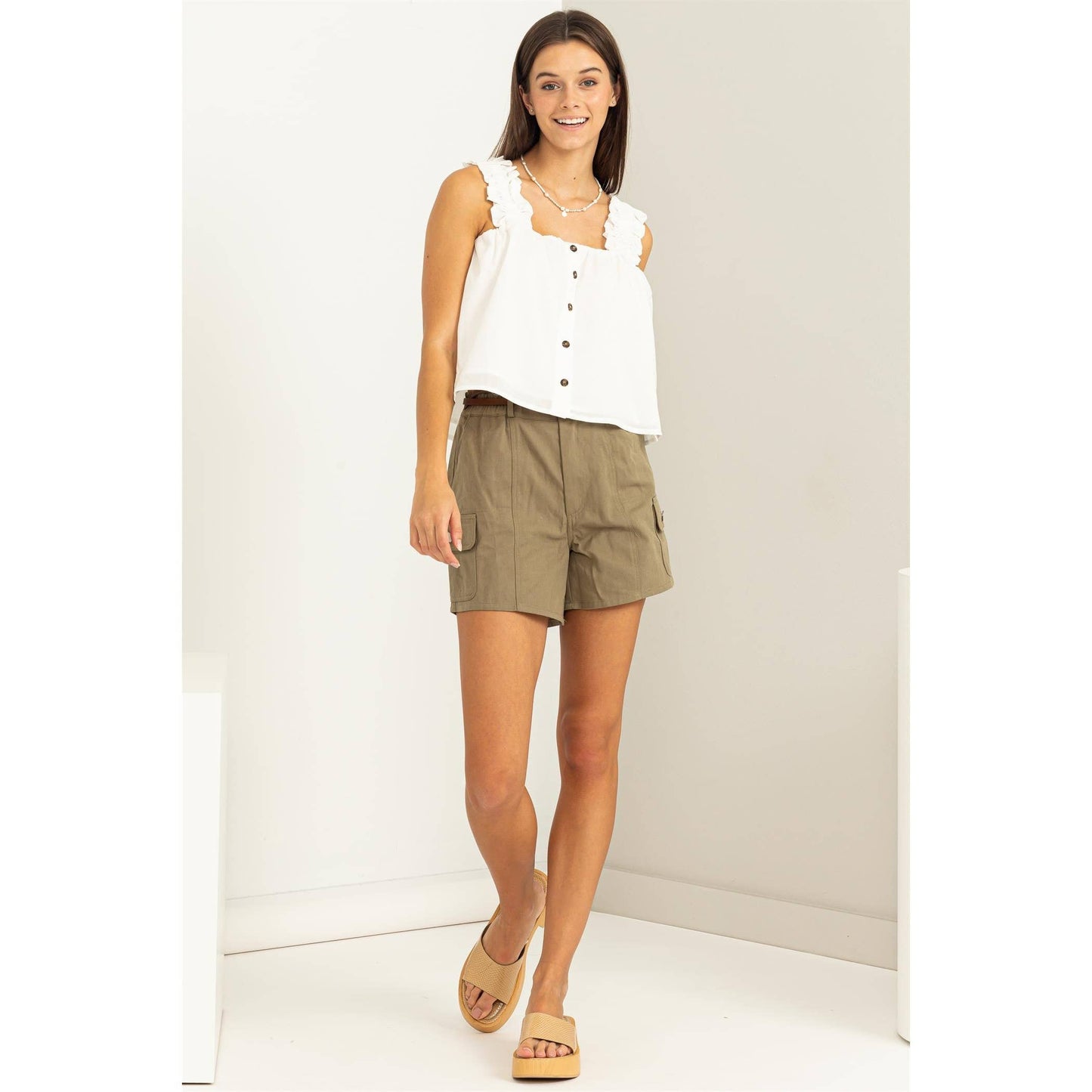 BUTTON DOWN SLEEVELESS TOP hf23E007-1)