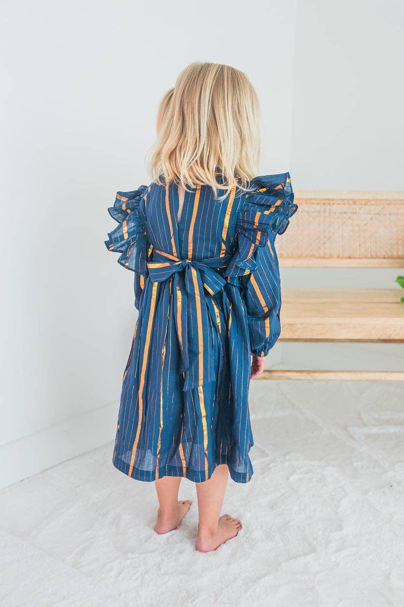 Yo Baby - Navy & Gold Lurex Ruffle Long Sleeve Dress : Toddler : Tween : Kids 102025br