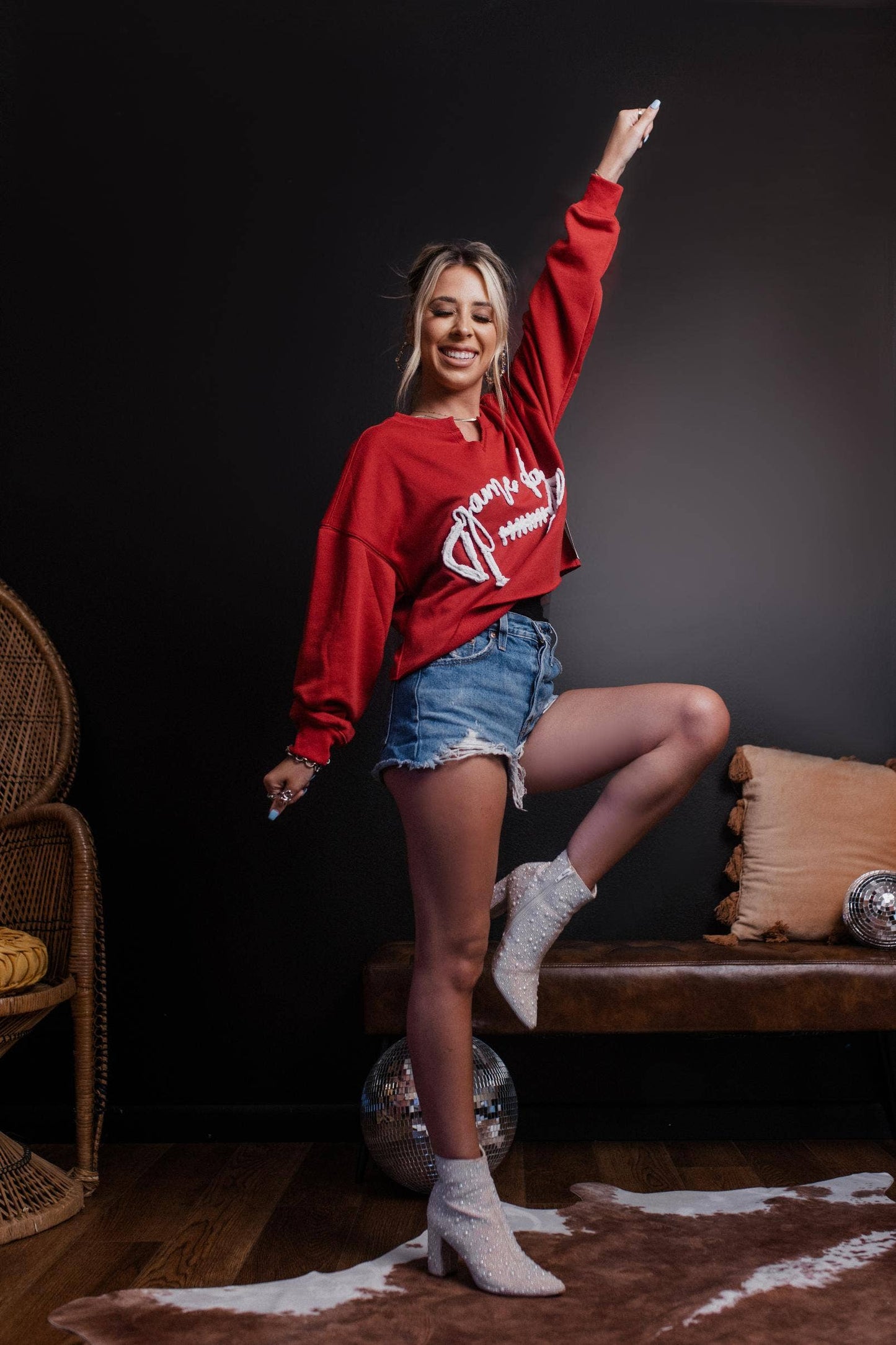 MK548 Game Day Rope Embroidery Crop Sweatshirt MK548
