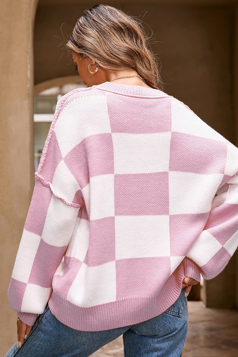 Checkered Bishop Sleeve Sweater P919
