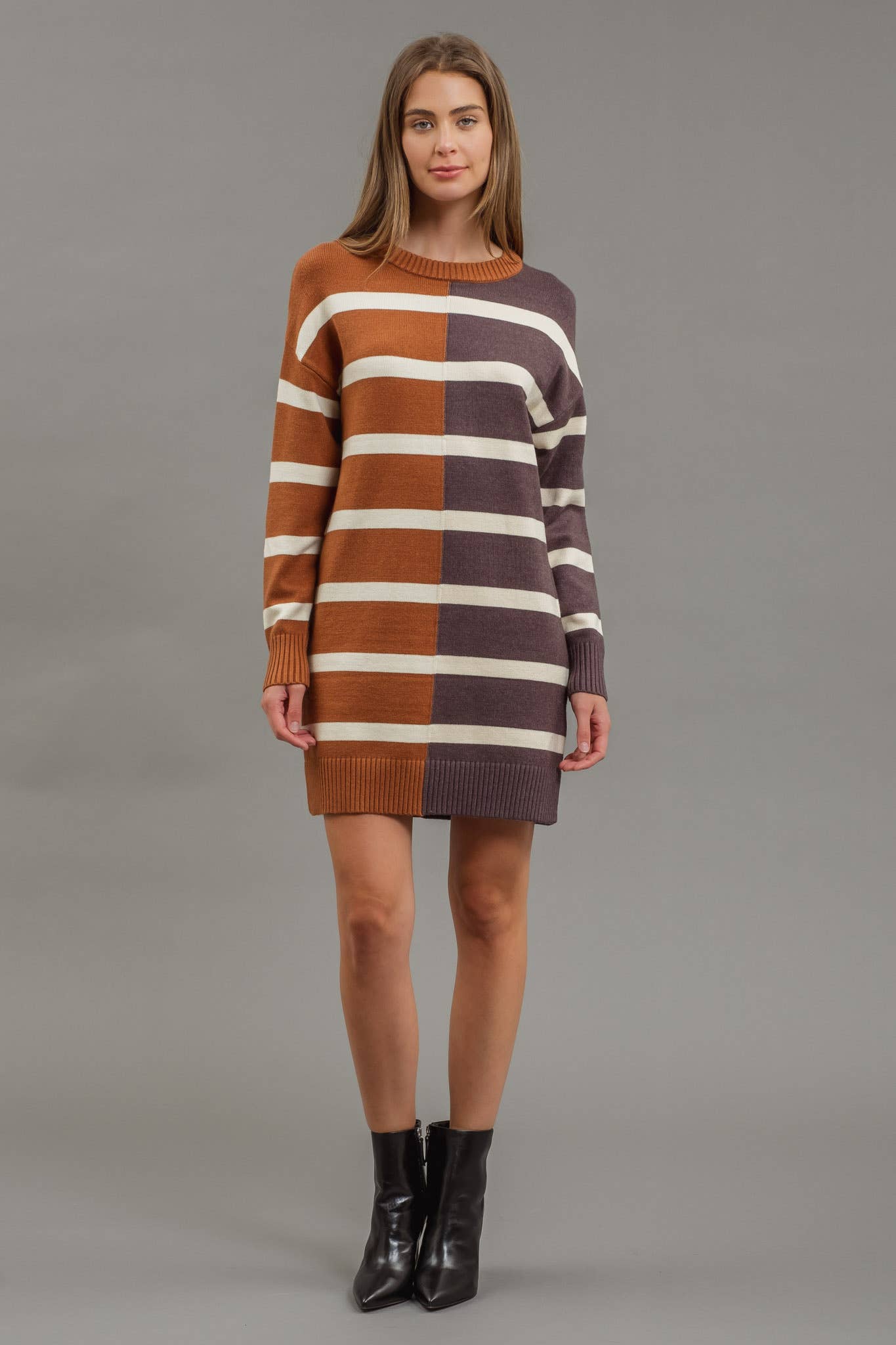 STRIPE COLORBLOCK LONG SLEEVE MINI SWEATER DRESS CR2374