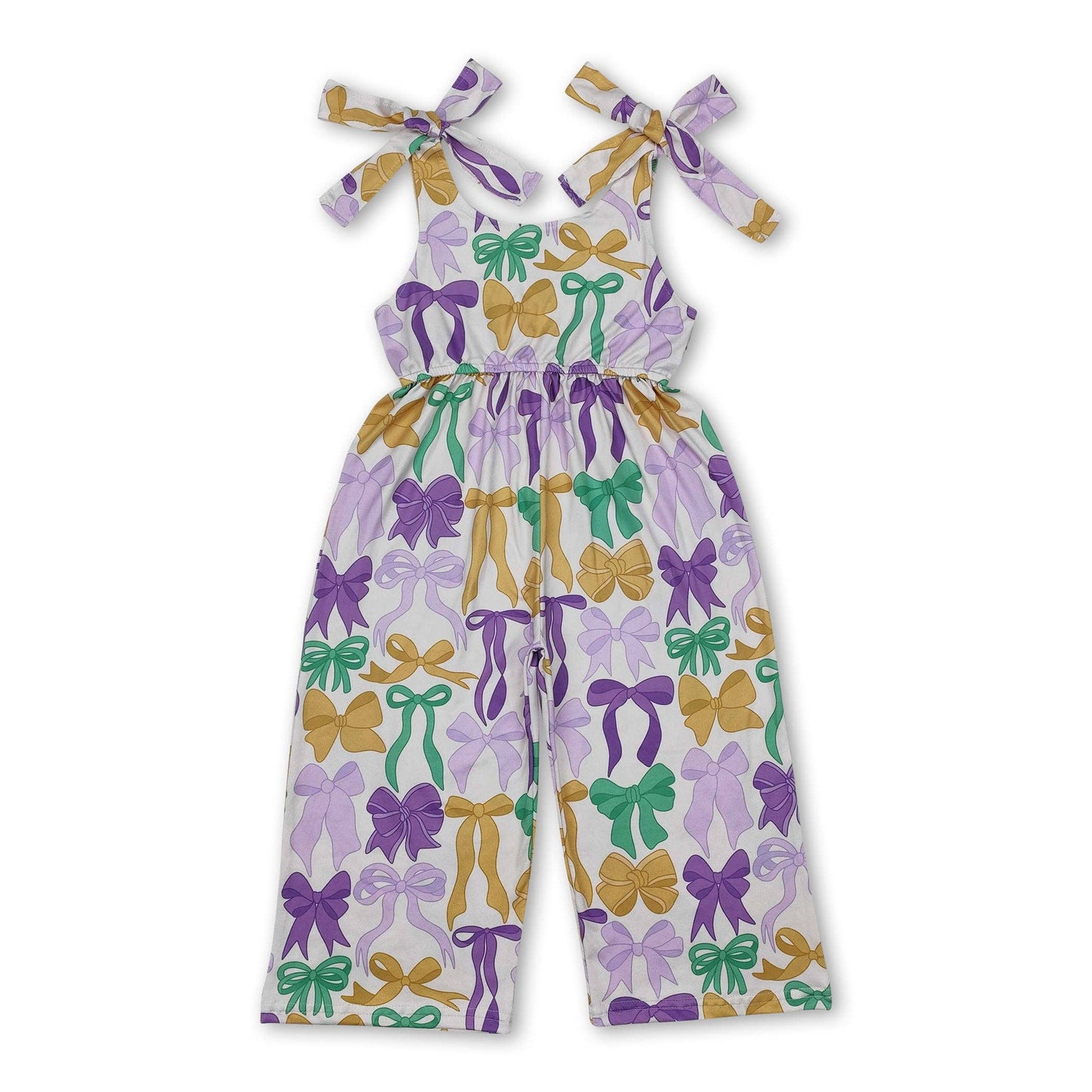 Straps purple green gold bow kids girls Mardi Gras jumpsuit SR25