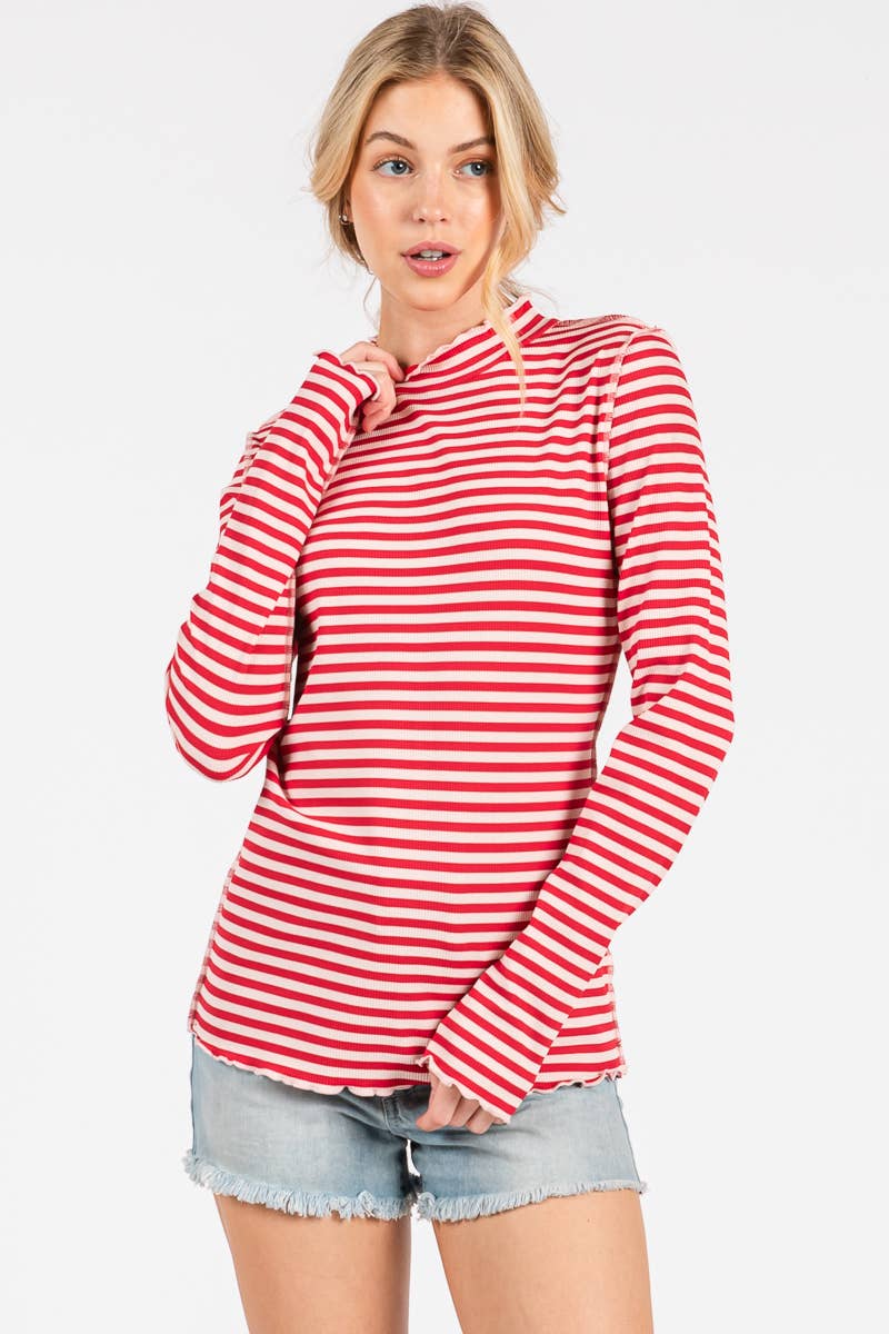 REVERSED STITCH RIBBED STRIPE LONG SLEEVE TOP-RSRSLS