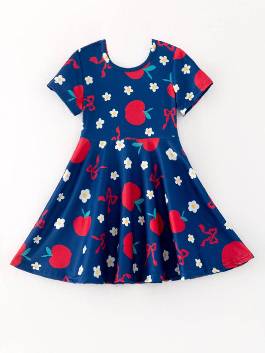 Navy Apple Floral Girls Back to School Dress DRG52