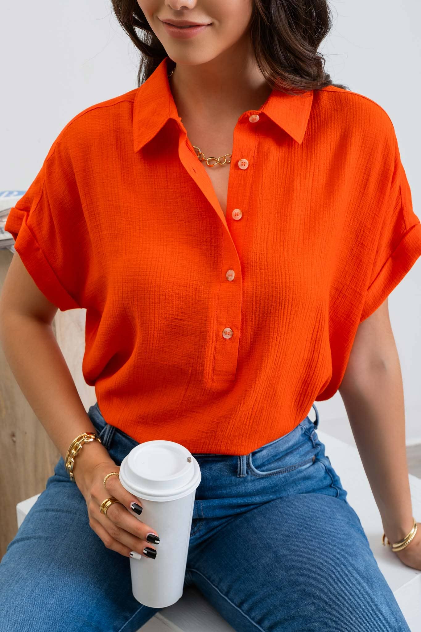 MID BUTTON DOWN CUFFED SHORT SLEEVE TOP CR1980