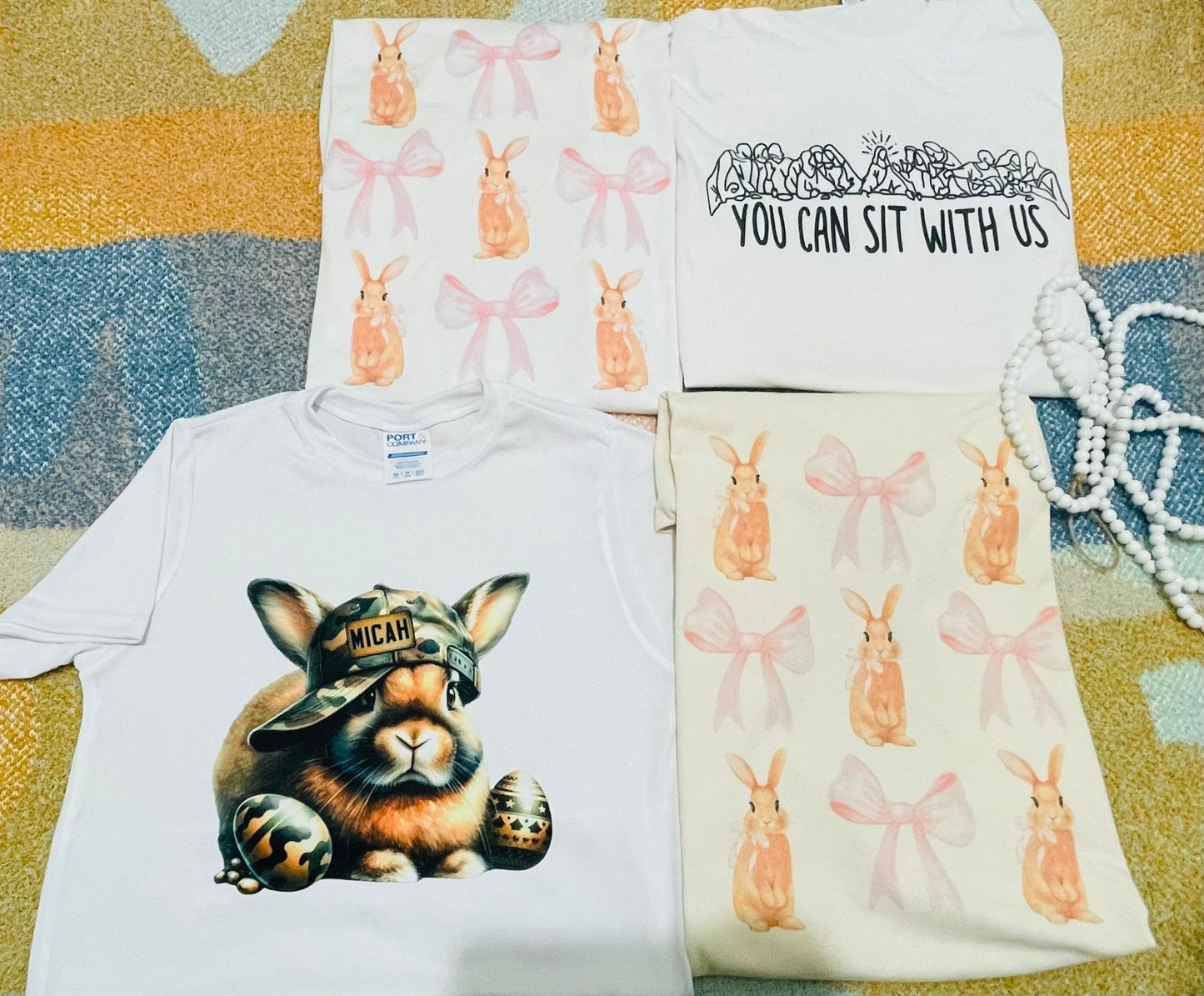 Easter bunny and bows- ADULT SIZING T-SHIRT