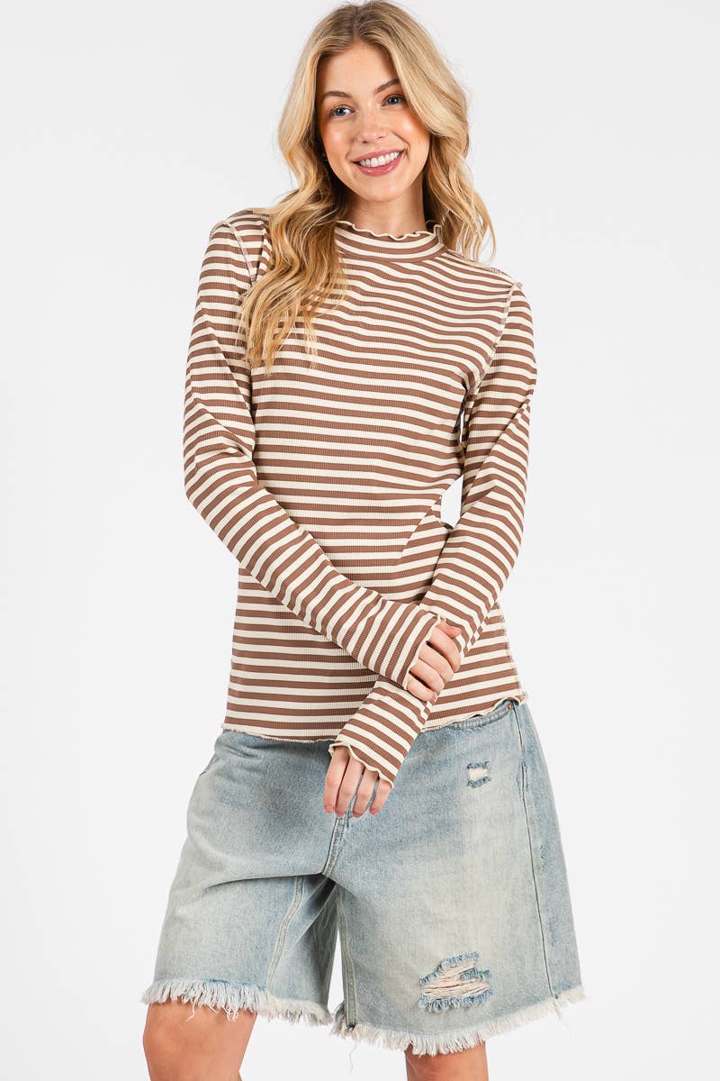 REVERSED STITCH RIBBED STRIPE LONG SLEEVE TOP-RSRSLS