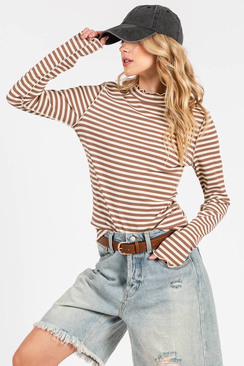 REVERSED STITCH RIBBED STRIPE LONG SLEEVE TOP-RSRSLS