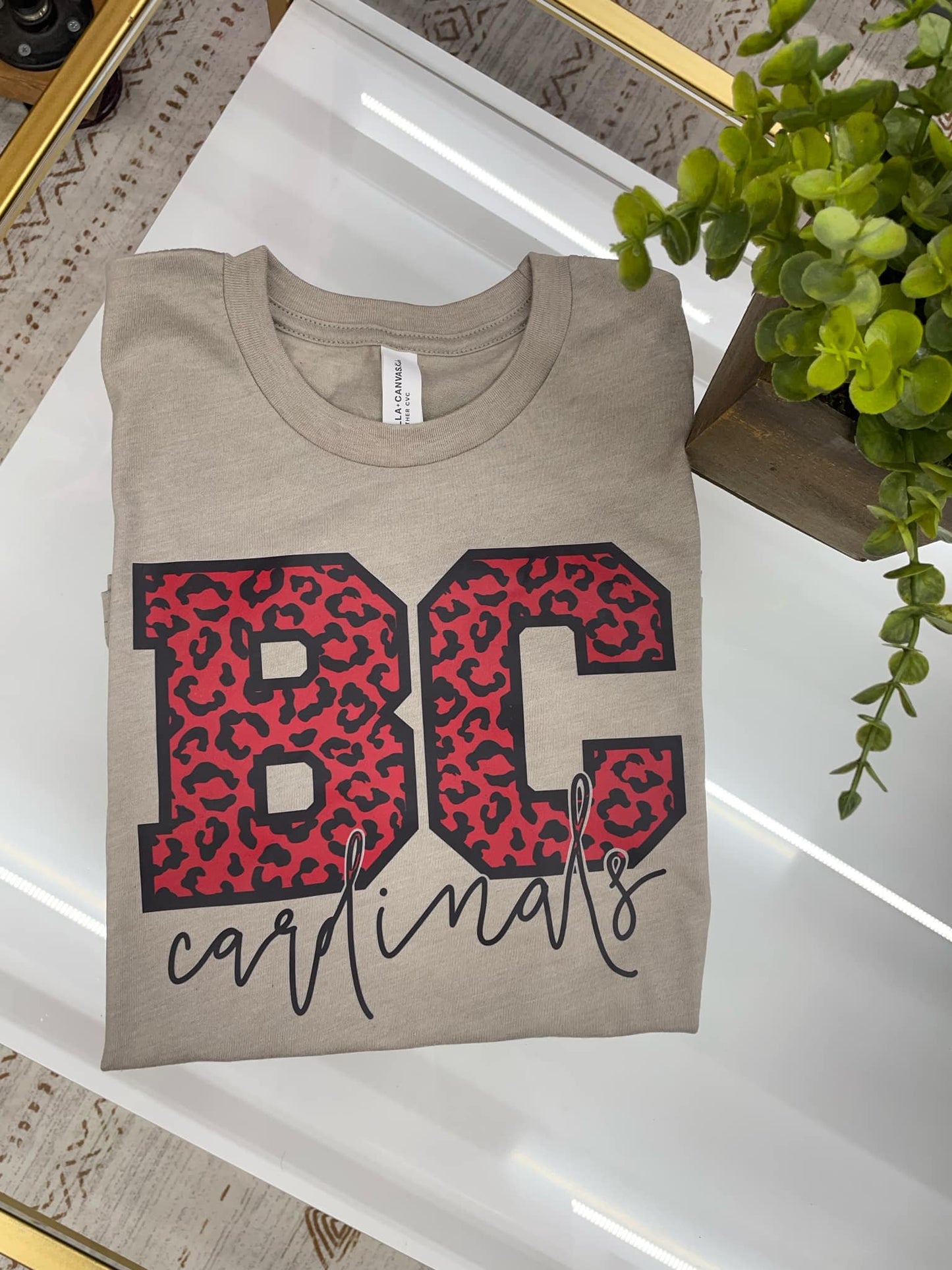 BC cardinals "BC RED CHEETAH, CARDINALS BLACK CURSIVE FONT" T-shirt