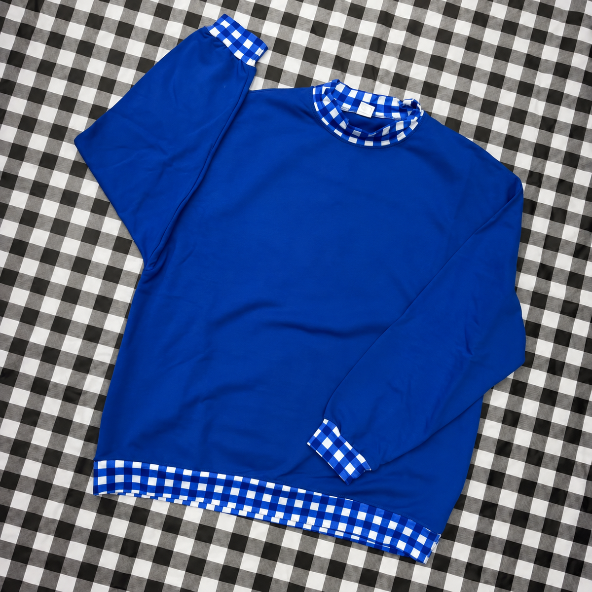 BLANK GAME DAY GINGHAM MOCKNECK SWEATSHIRTS- ROYAL BLUE BASE & BLUE AND WHITE GINGHAM (IN STORE) 091926LW