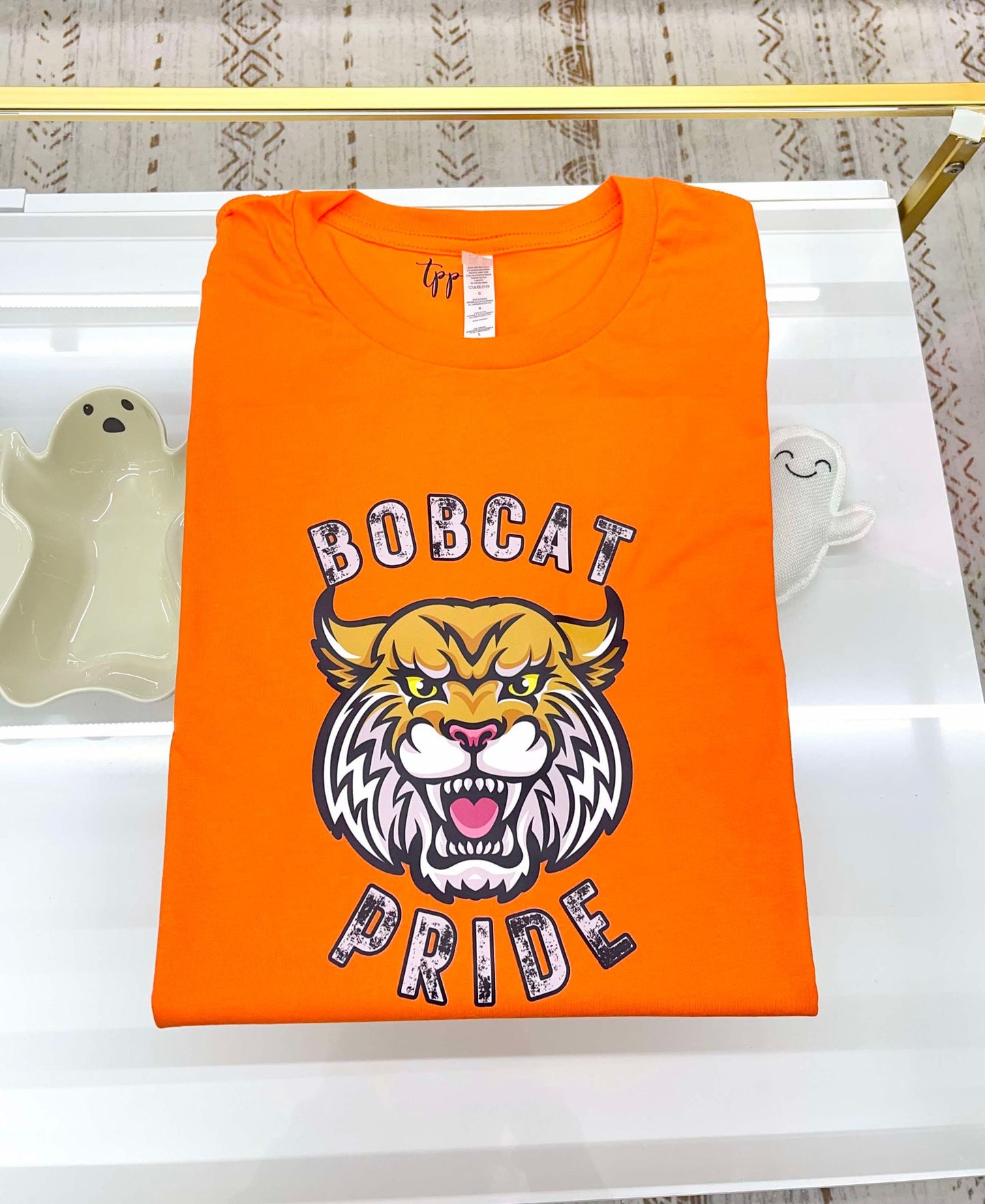 Bobcats Pride (distressed white font with black edge bobcat face in center) T shirt