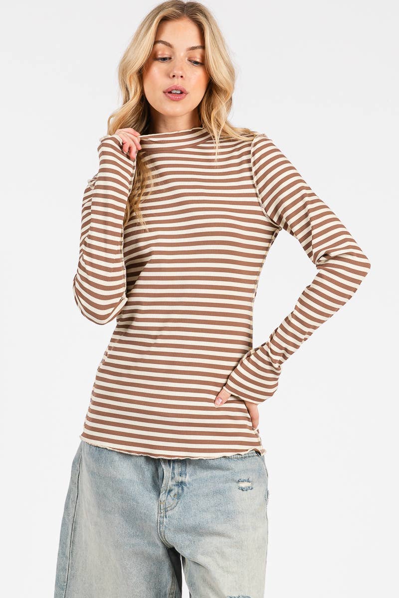 REVERSED STITCH RIBBED STRIPE LONG SLEEVE TOP-RSRSLS