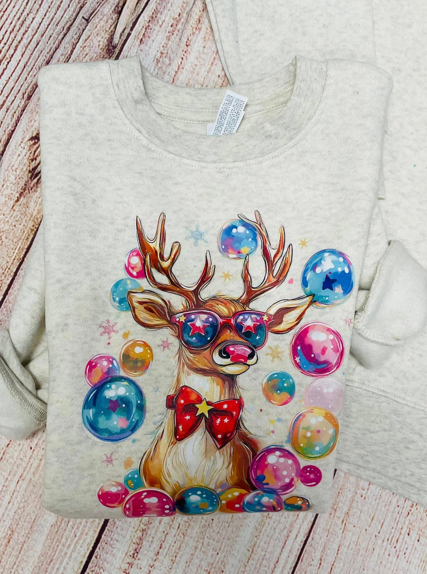 Colorful bubbles Reindeer with glasses and red neck bow with stars SWEATSHIRT ONLY