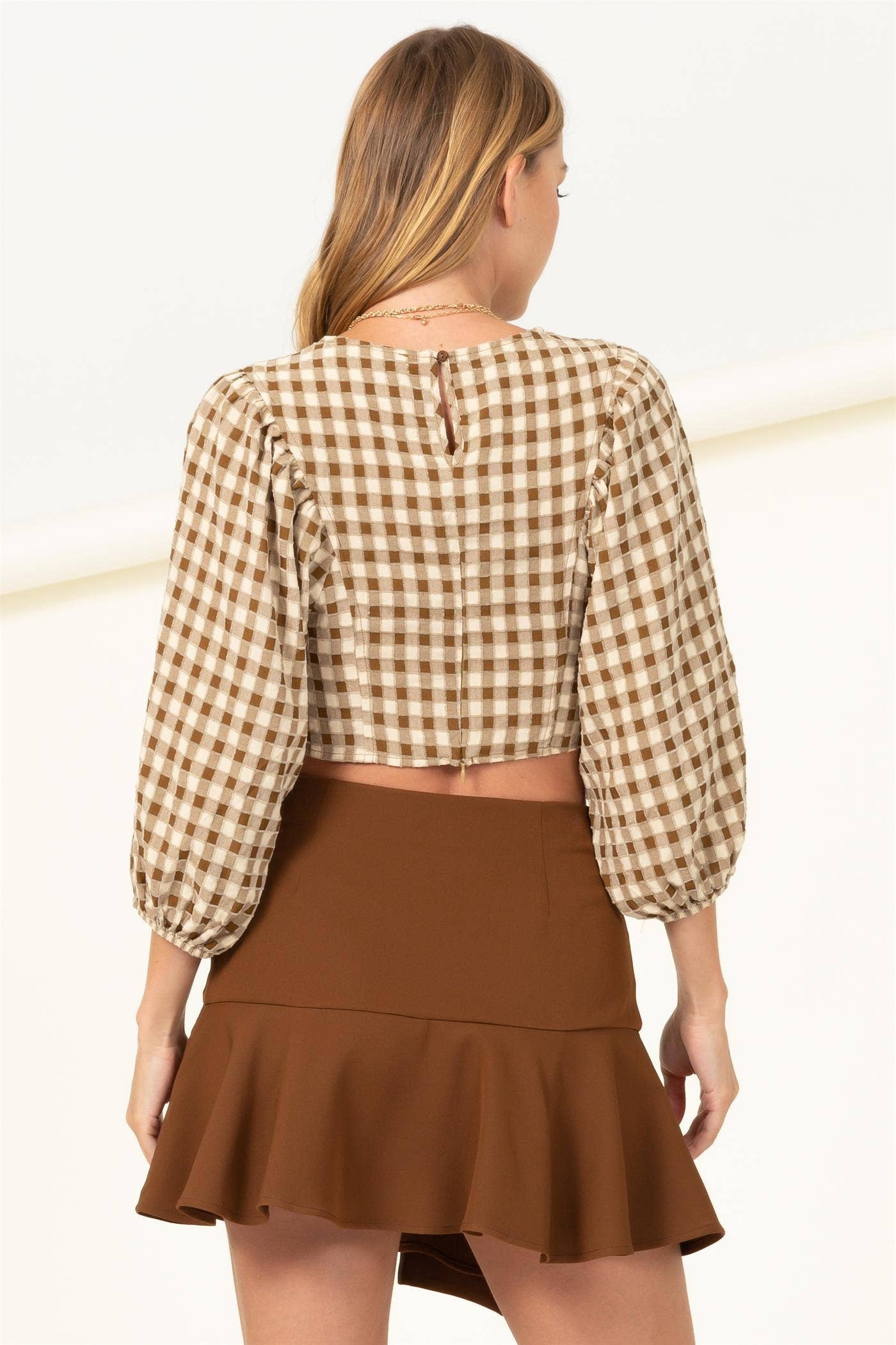 PUFF SLEEVE CHECKERED CROP TOP