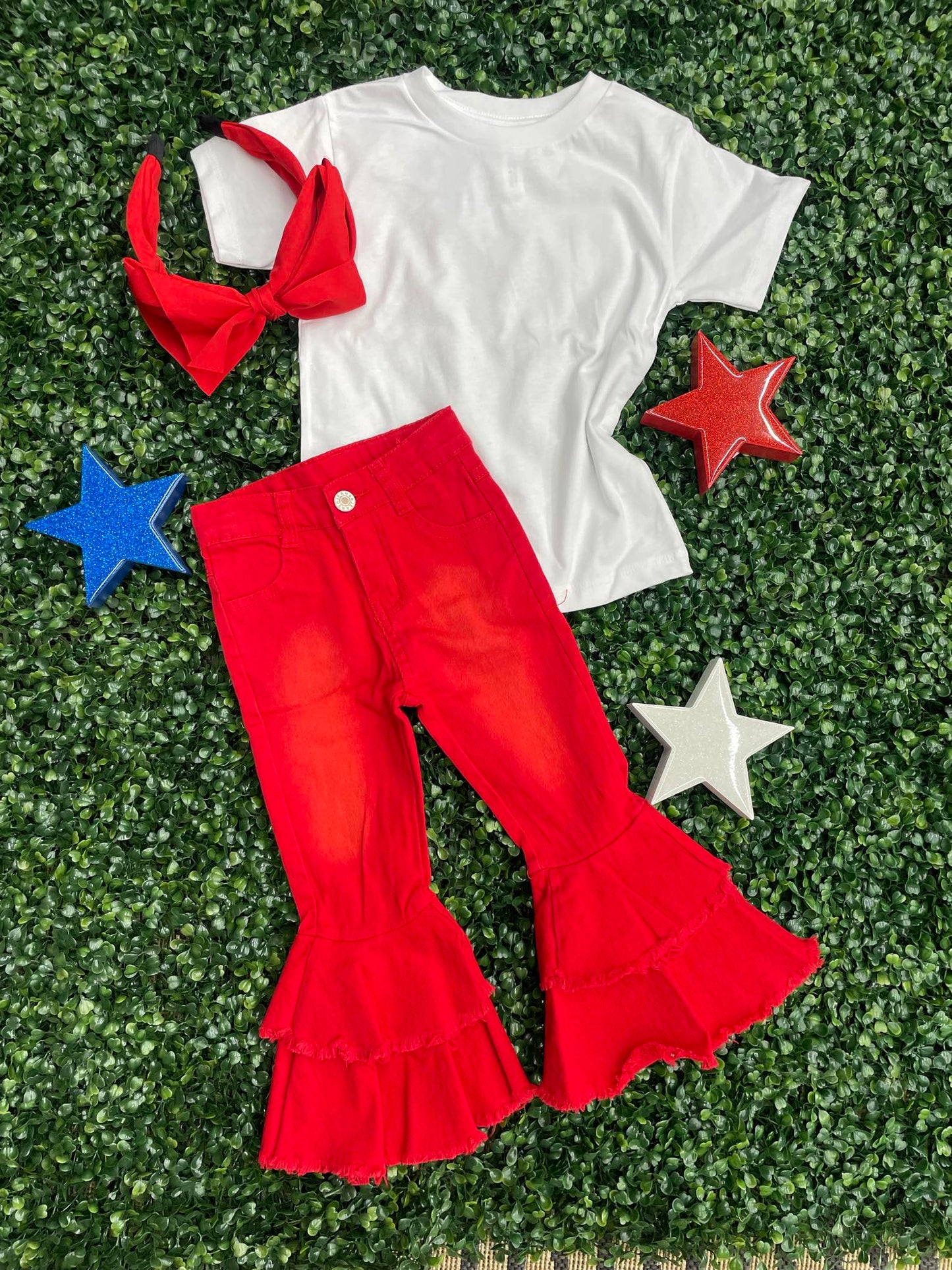 Red Double Layer Girls Bell Bottom Jeans P0006