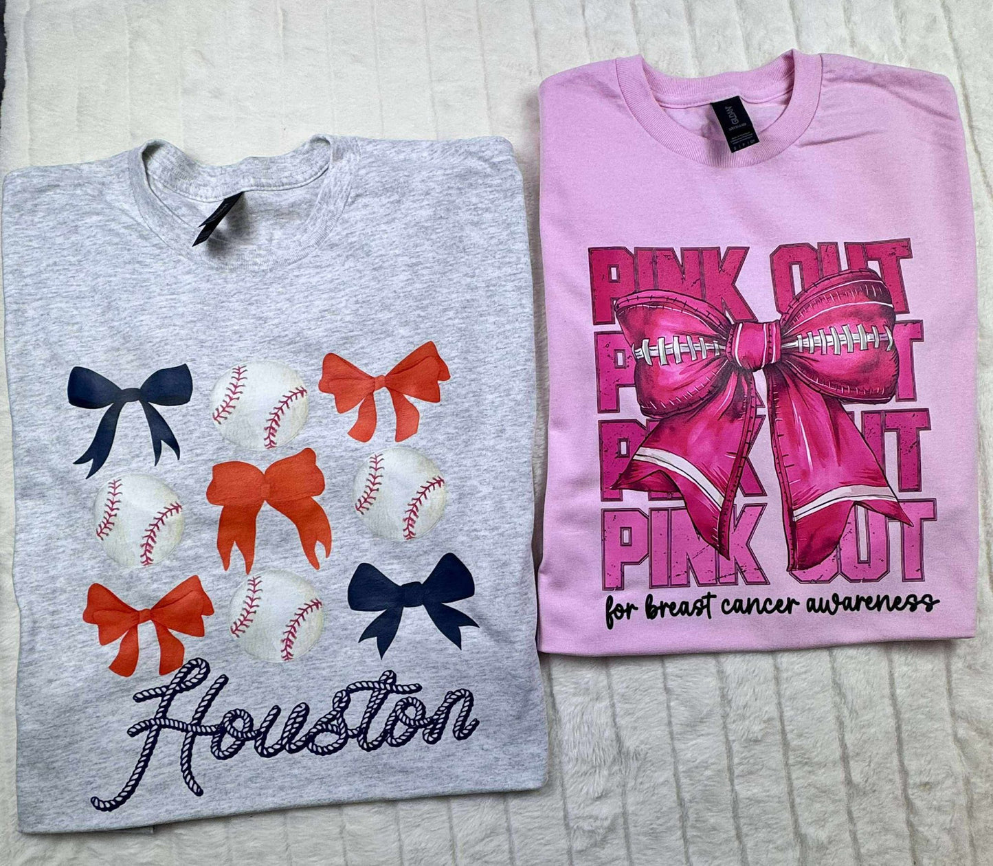 PINK OUT for breast cancer (big pink bow, 4 different pink out words in a row) T-shirt YOUTH SIZING ONLY