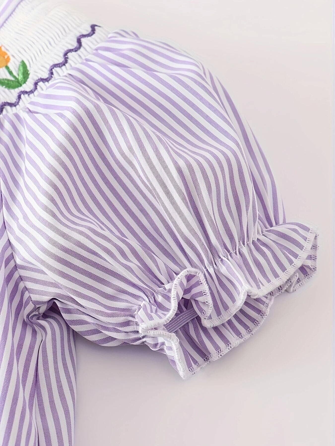 Girls Striped Short Sleeve Embroidered Dress - DRG201623008