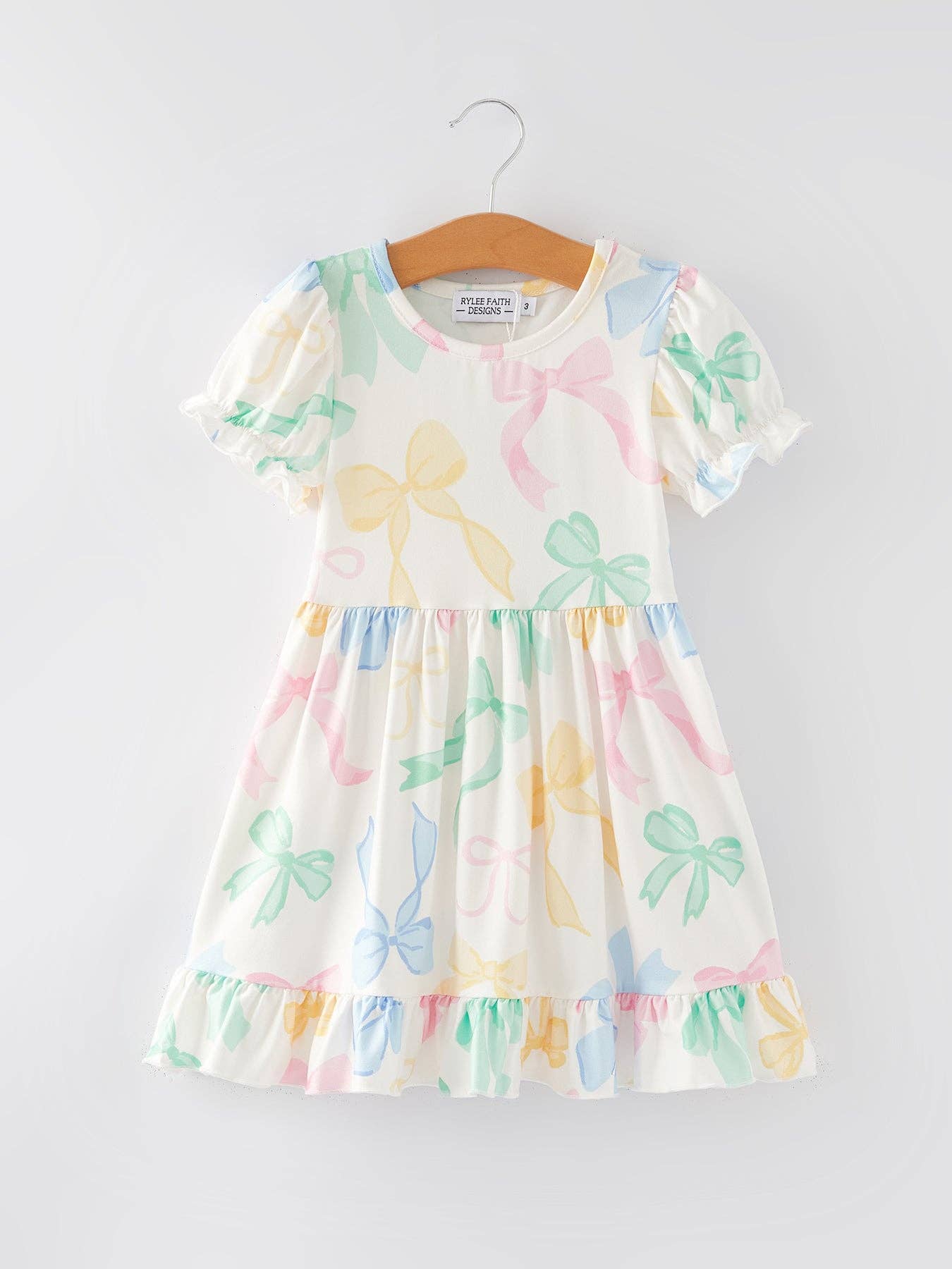 Easter Colorful Bow Print Puff Sleeves Girls Dress DRG50462