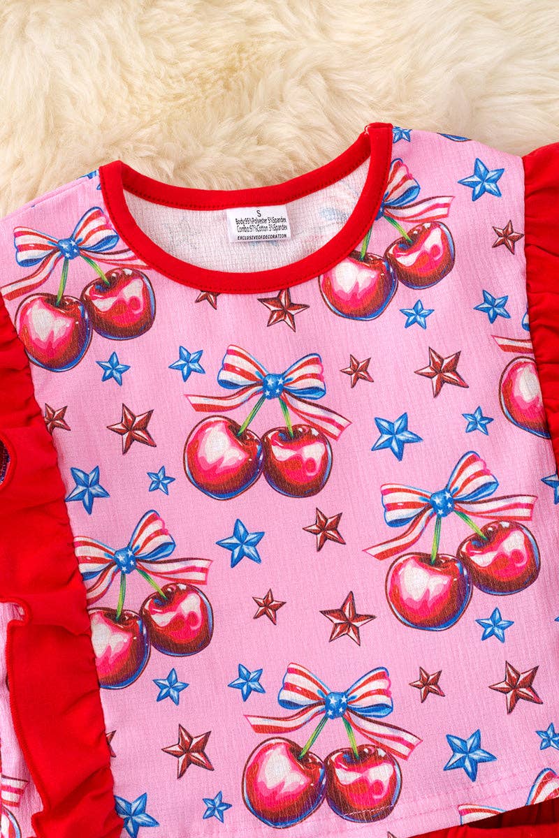 Girl’s Patriotic Cherry Print Pink Set OFG5481
