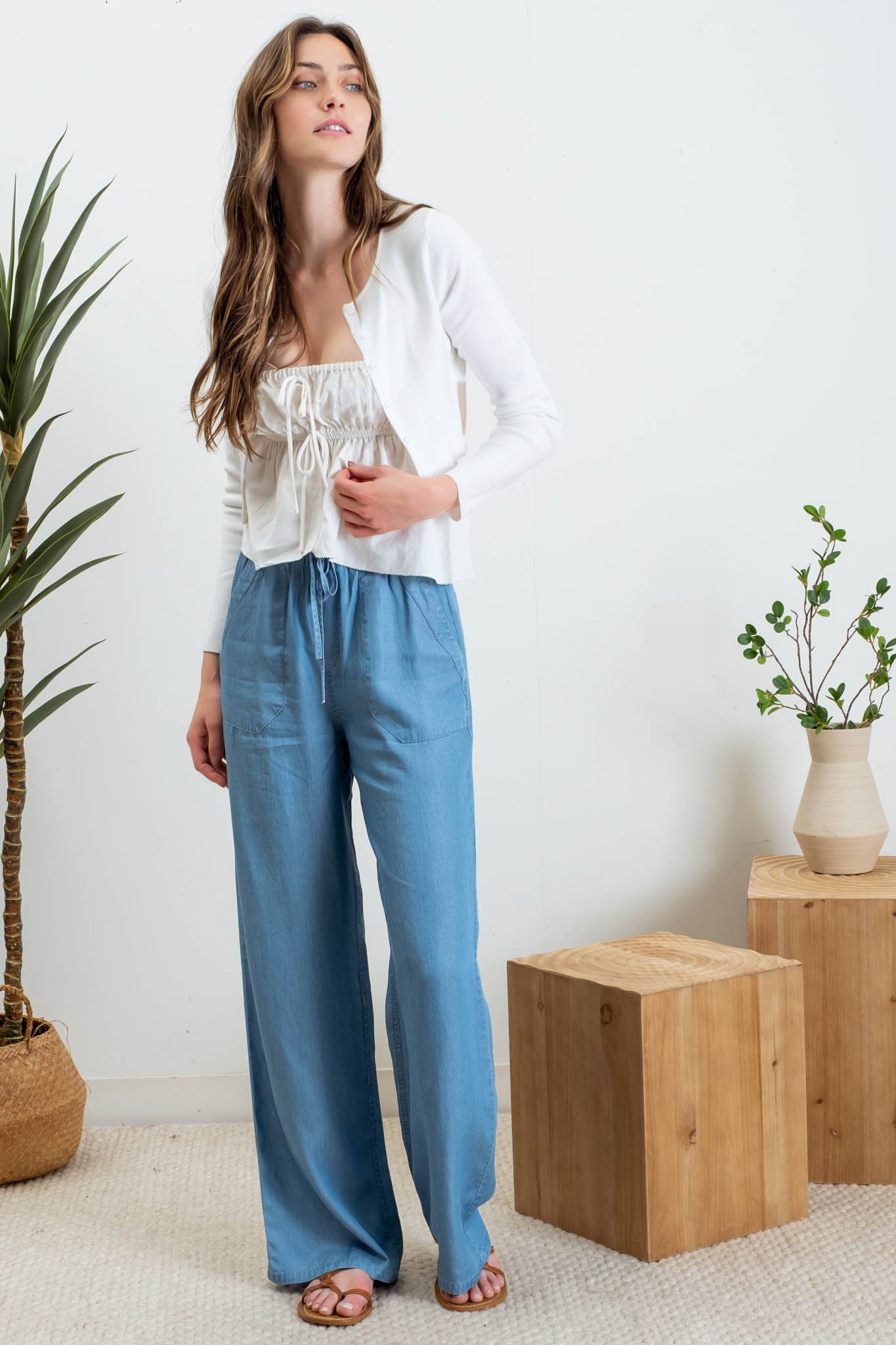 CHAMBRAY HIGH WAIST DRAWSTRING PANTS TB8712