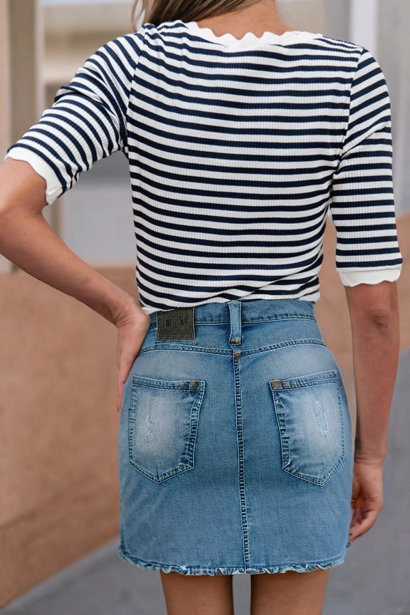 Black Striped Contrast Scallop Trim Half Sleeve T-Shirt BS1C-STH