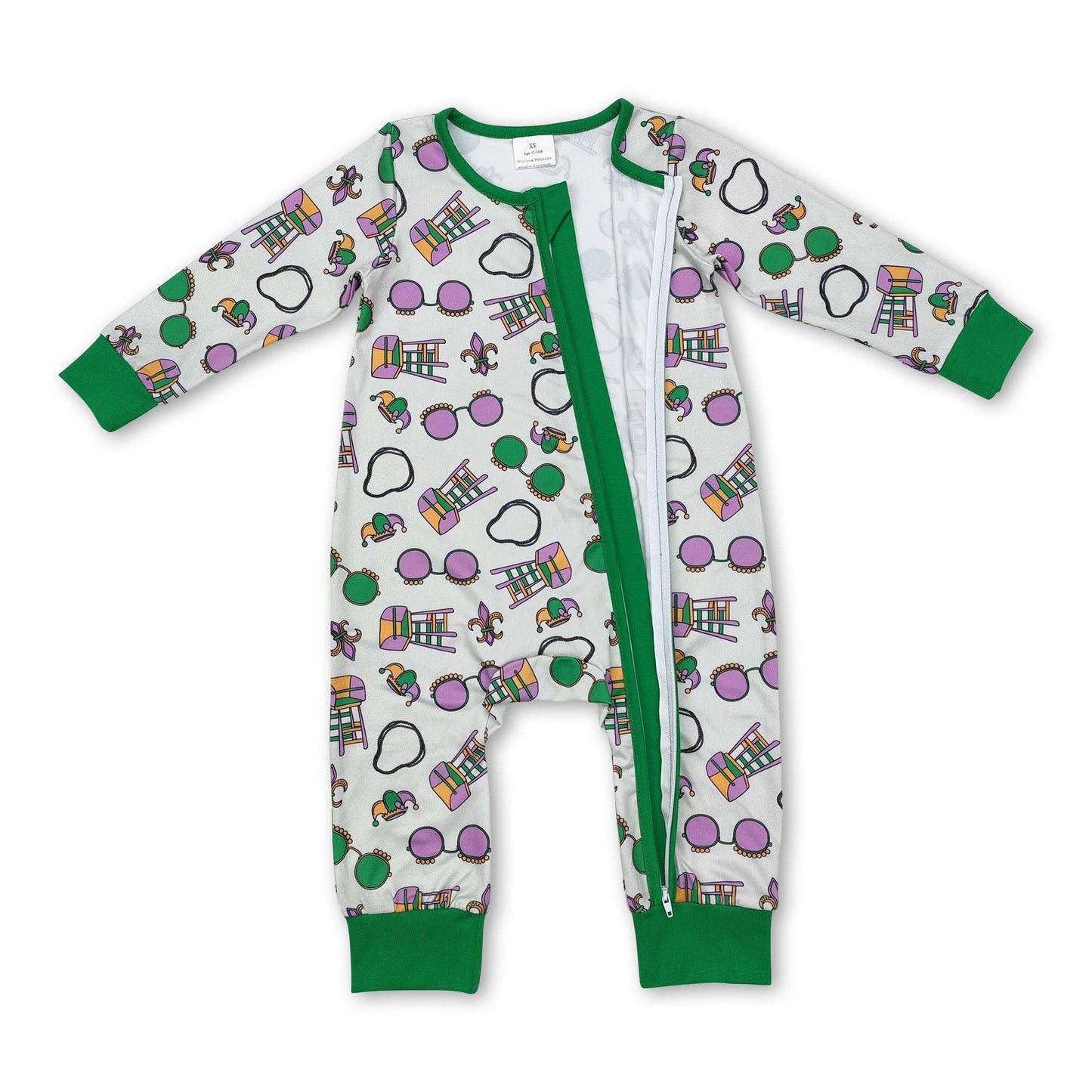 Green glasses baby boys Mardi Gras zipper romper 2039