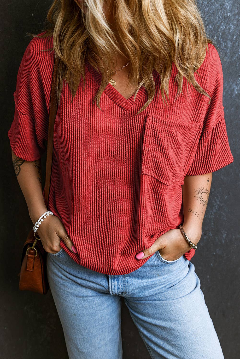 ✅Corded V Neck Chest Pocket Loose T-shirt 3174