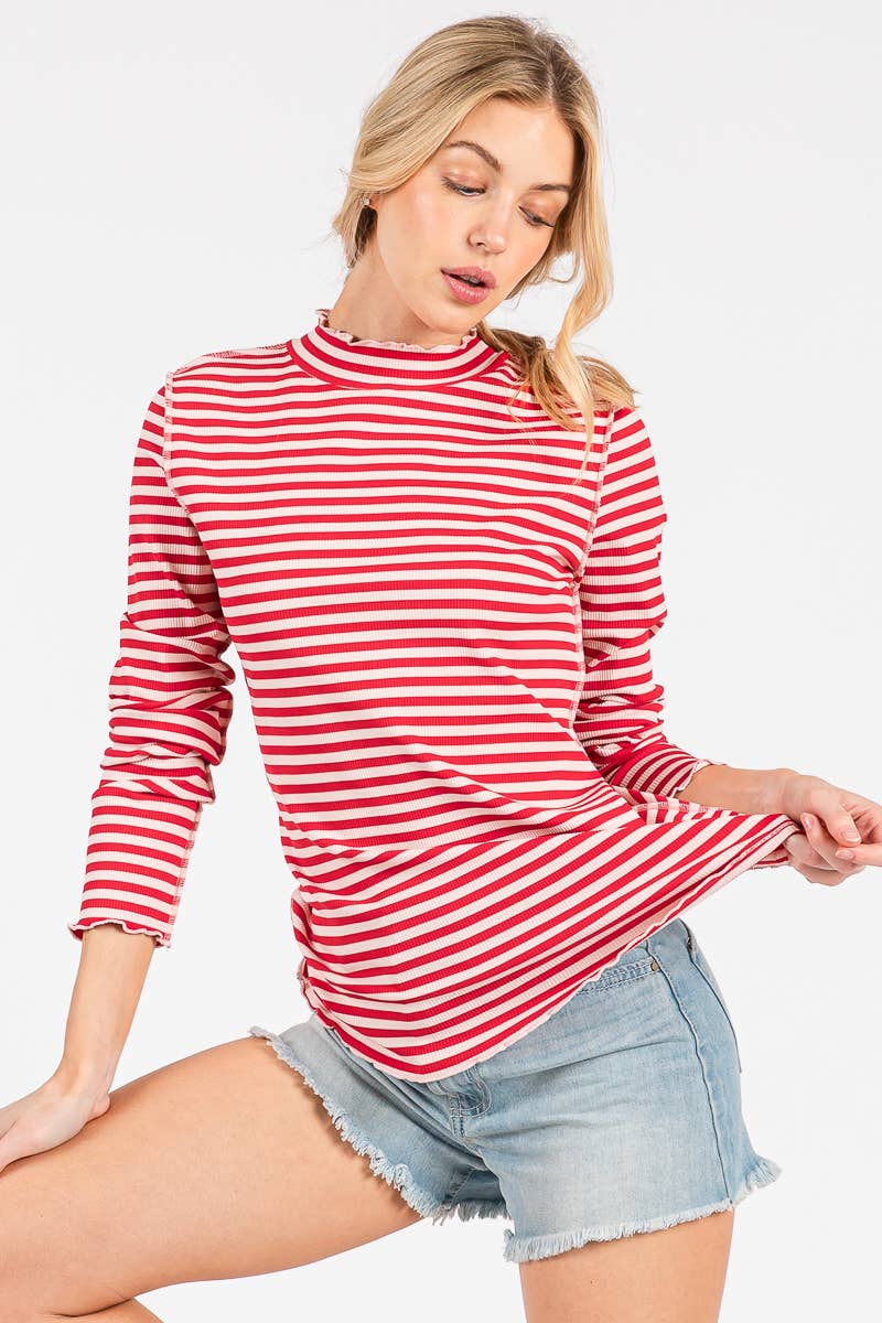 REVERSED STITCH RIBBED STRIPE LONG SLEEVE TOP-RSRSLS