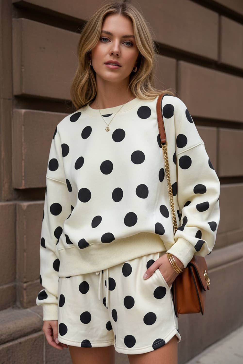Polka Dot Print Drop Shoulder Pullover Drawstring Short Set-010826br6