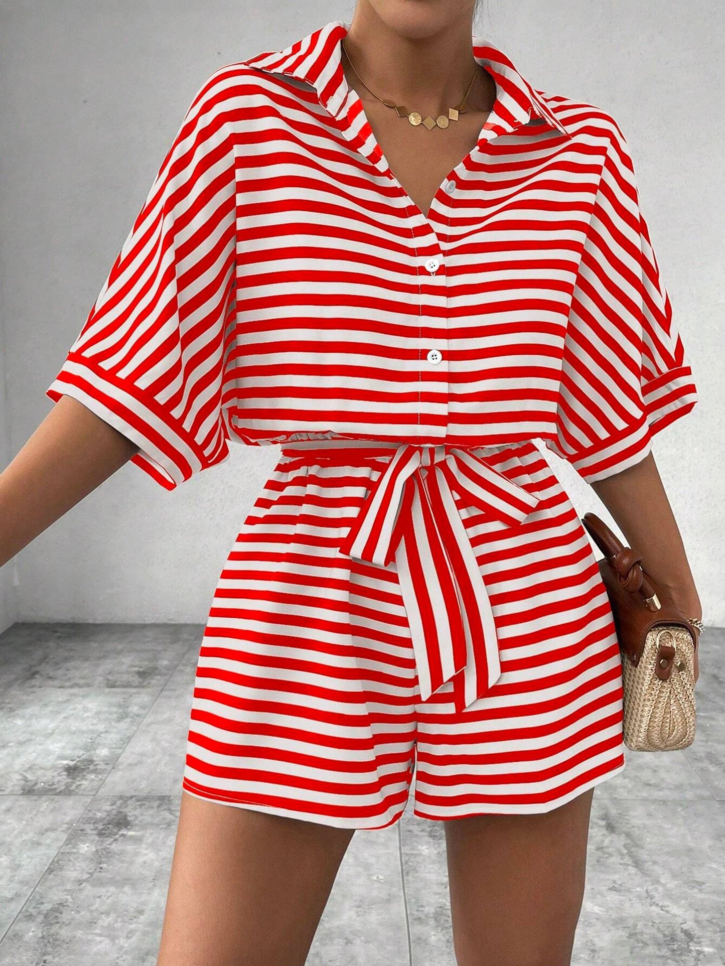 Striped Lapel Button Waistband Shorts Jumpsuit FRAX1