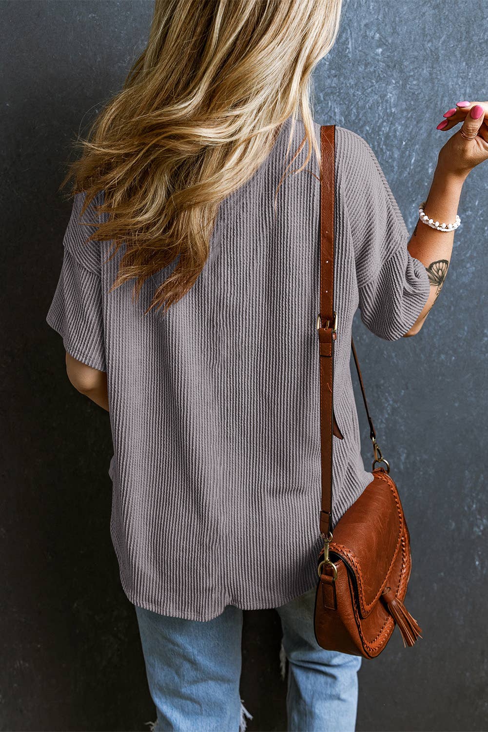 ✅Corded V Neck Chest Pocket Loose T-shirt 3174