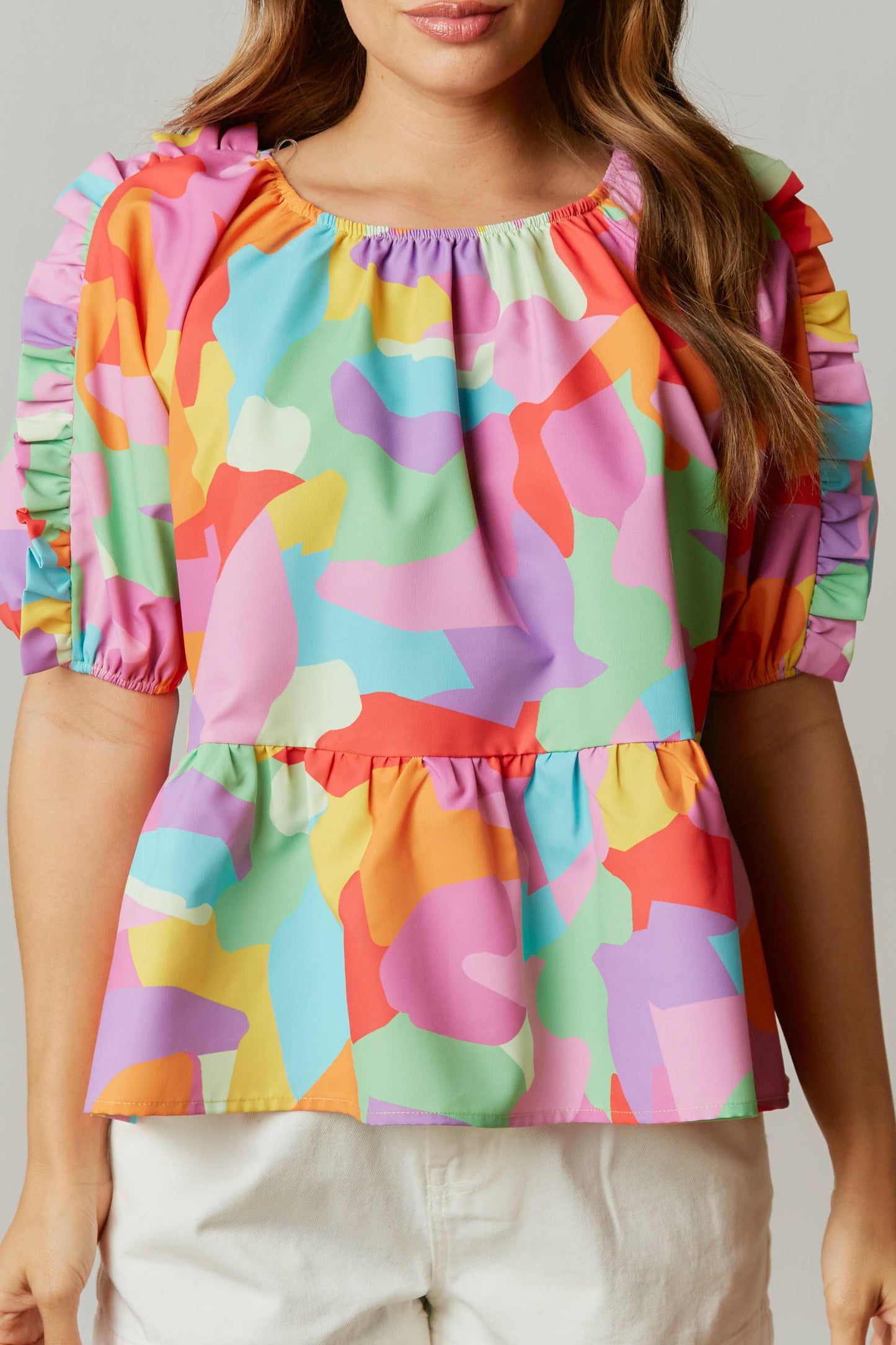 Abstract Print Ruffled Babydoll Blouse
