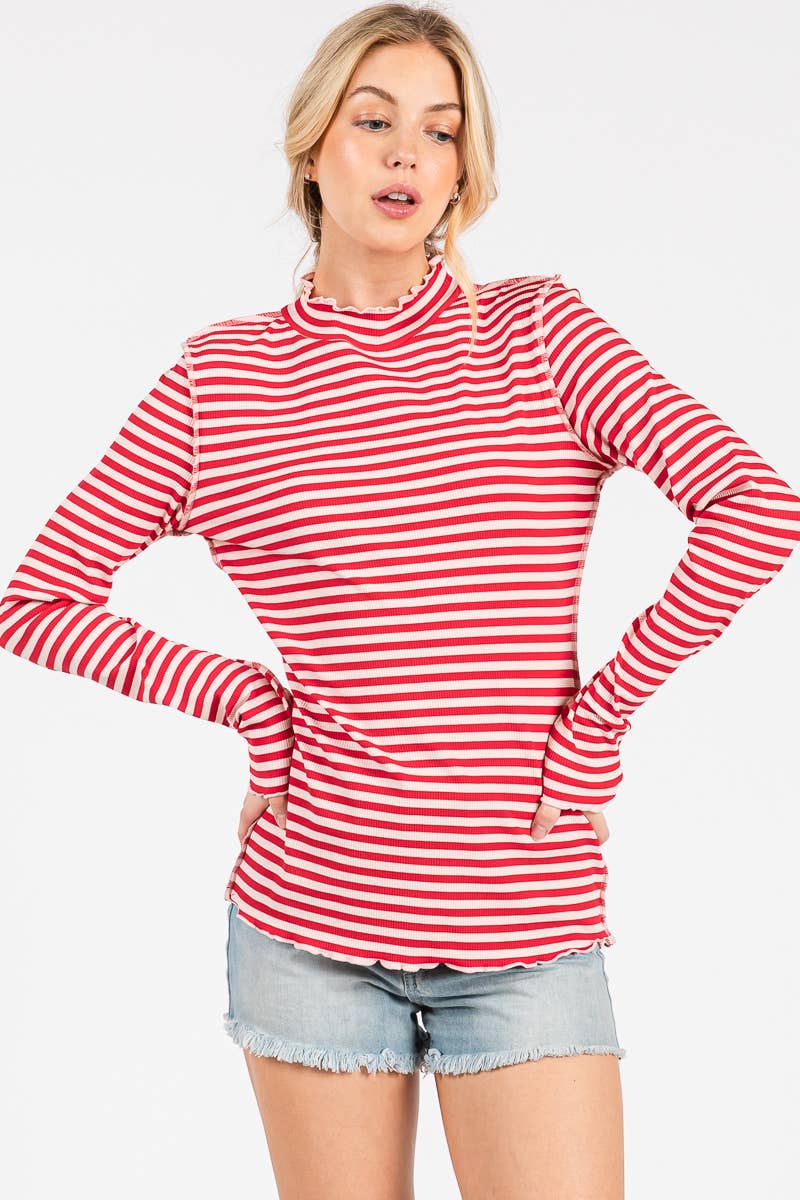 REVERSED STITCH RIBBED STRIPE LONG SLEEVE TOP-RSRSLS