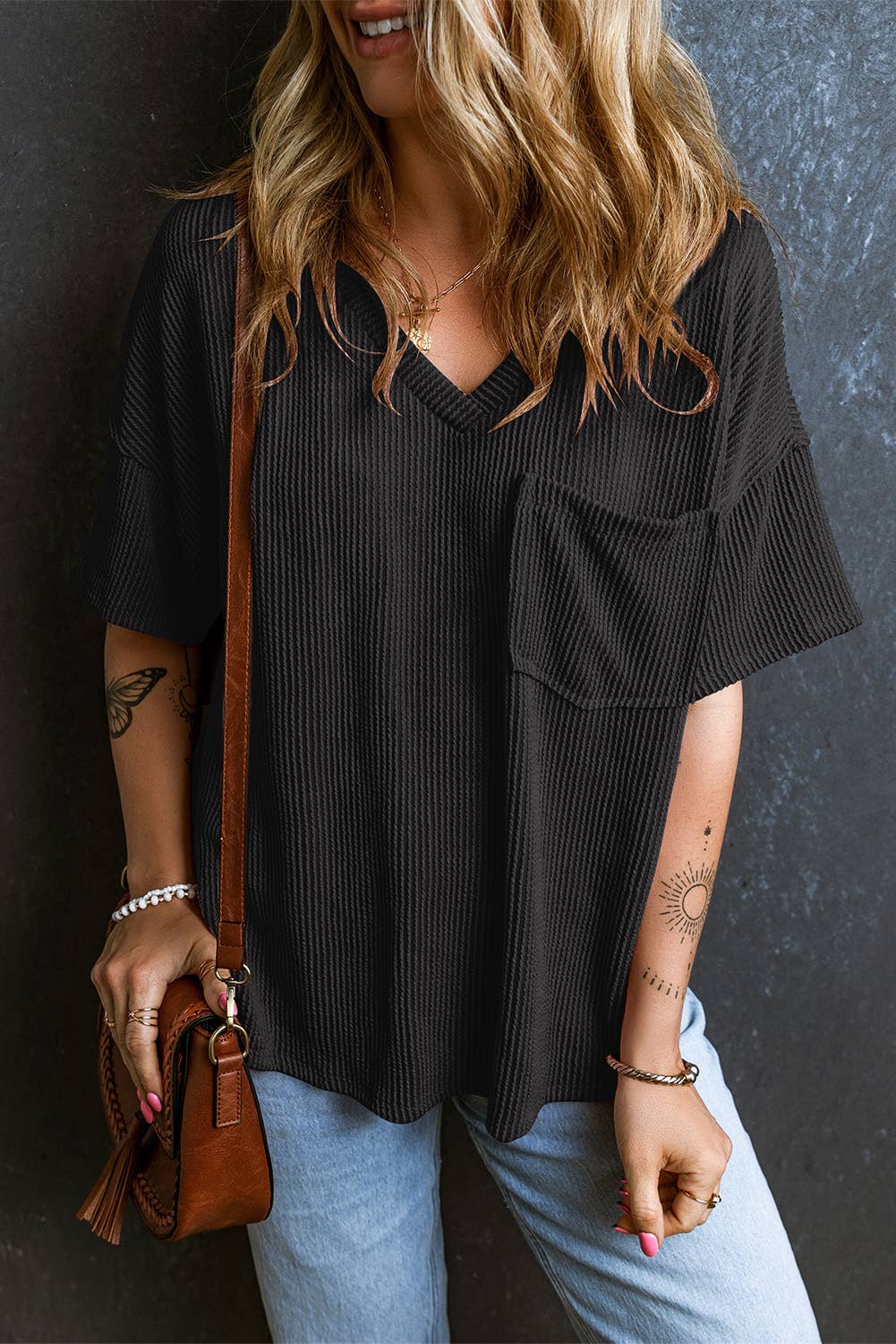 ✅Corded V Neck Chest Pocket Loose T-shirt 3174