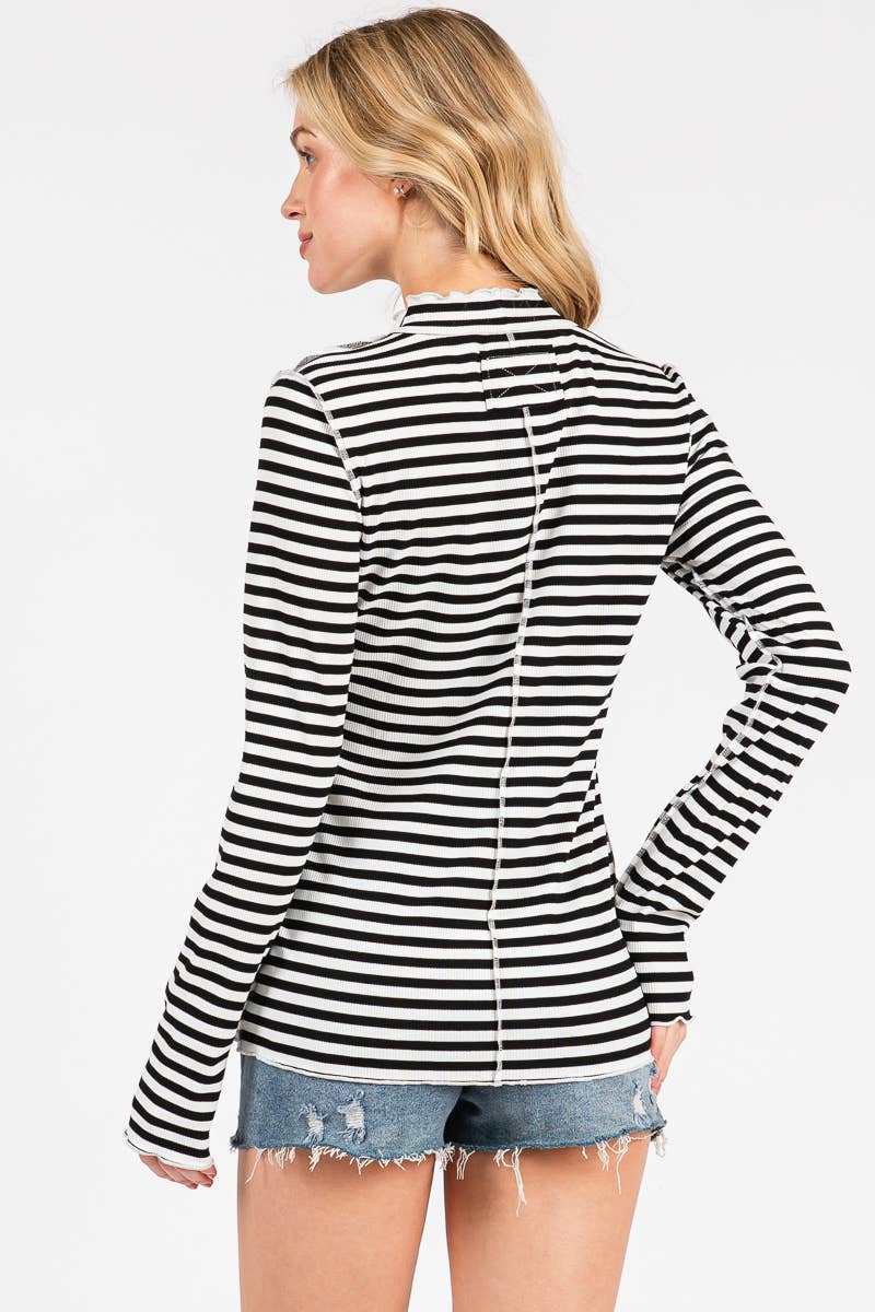 REVERSED STITCH RIBBED STRIPE LONG SLEEVE TOP-RSRSLS