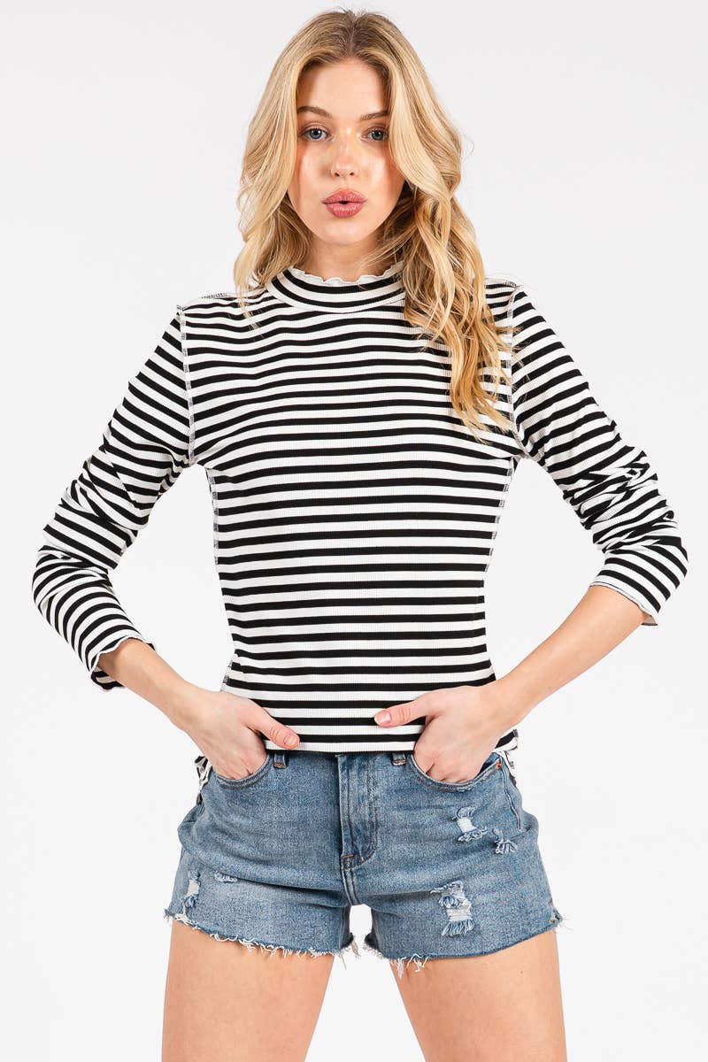 REVERSED STITCH RIBBED STRIPE LONG SLEEVE TOP-RSRSLS