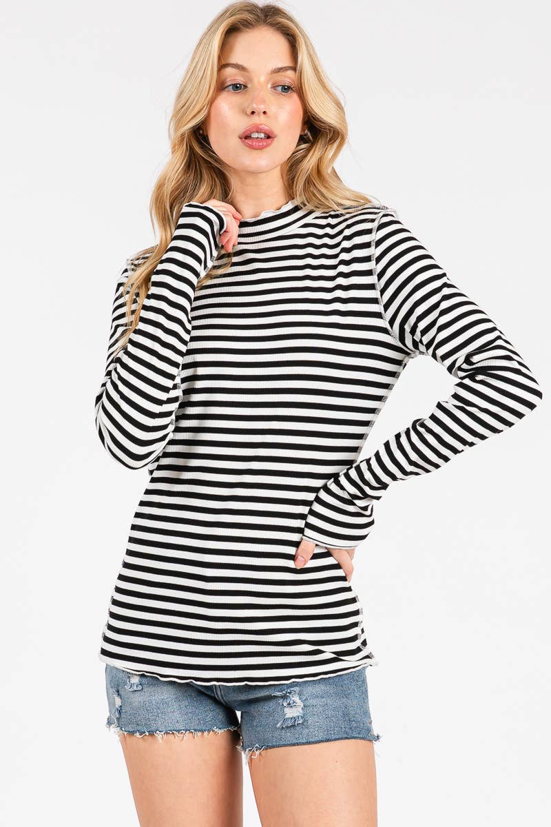 REVERSED STITCH RIBBED STRIPE LONG SLEEVE TOP-RSRSLS