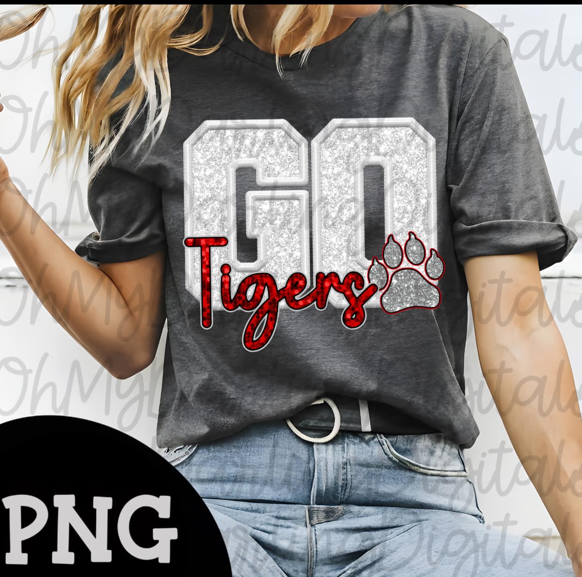 GO TIGERS FAUX SEQUIN GLITTER T-SHIRT (WHITE GO RED TIGERS )